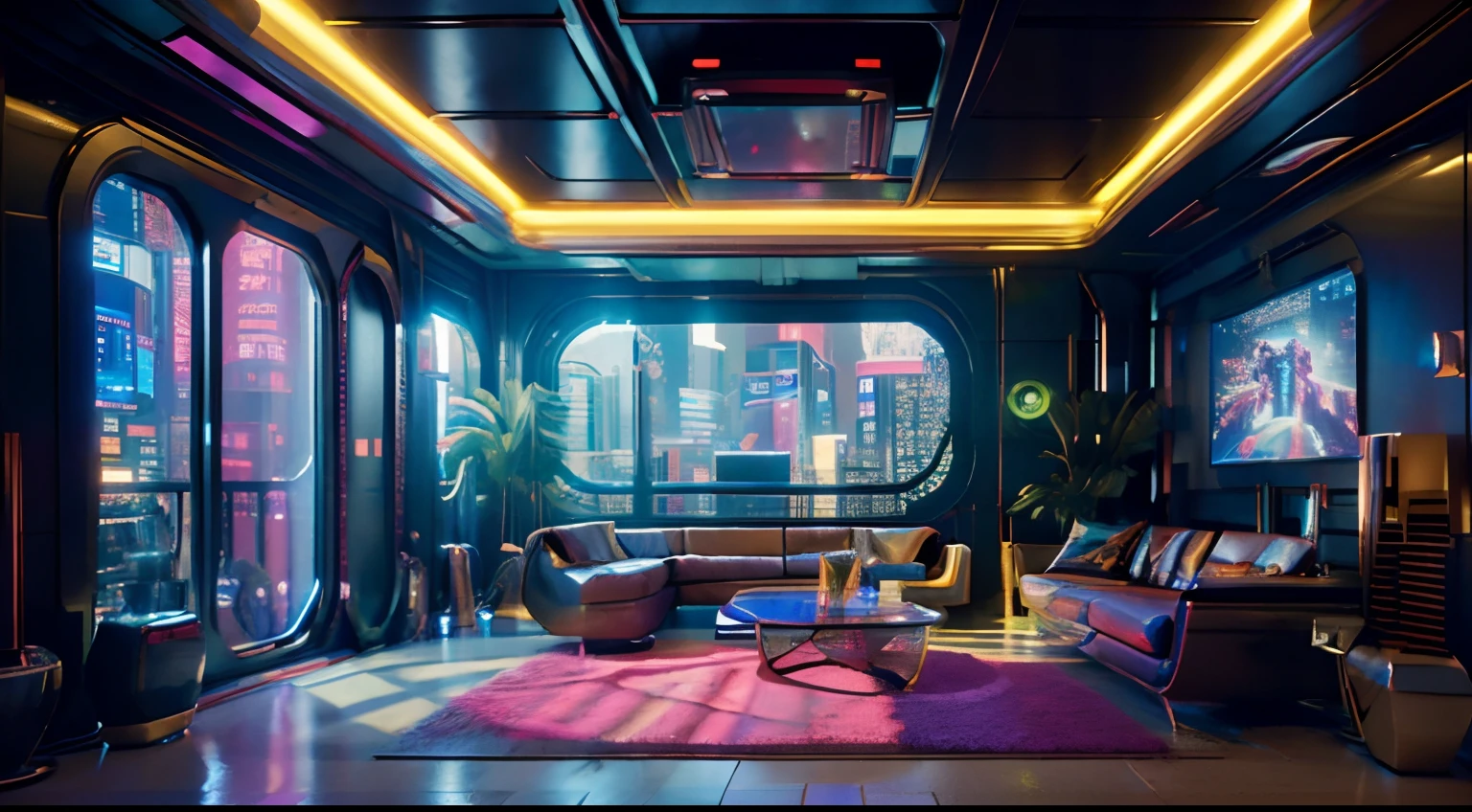 ((tmasterpiece)),(hyper-detailing),(Complicated details),(High resolution CGI artwork 8k),A futuristic cyberpunk living room。Large windows for balcony floor-to-ceiling windows,Busy and colorful、Detailed cyberpunk cityscape。Futuristic style,There are many colors and LED lights。The cityscape should be very detailed,depth of fields。Create depth with atmospheric lighting,Evoke the feeling of a busy futuristic city outside the window。cameras:Wide-angle lens showing rooms and windows。The window should be the focal point of the image。illuminating:Use atmospheric and volumetric lighting to enhance cityscape detail。The room should be illuminated by the neon lights of the cityscape