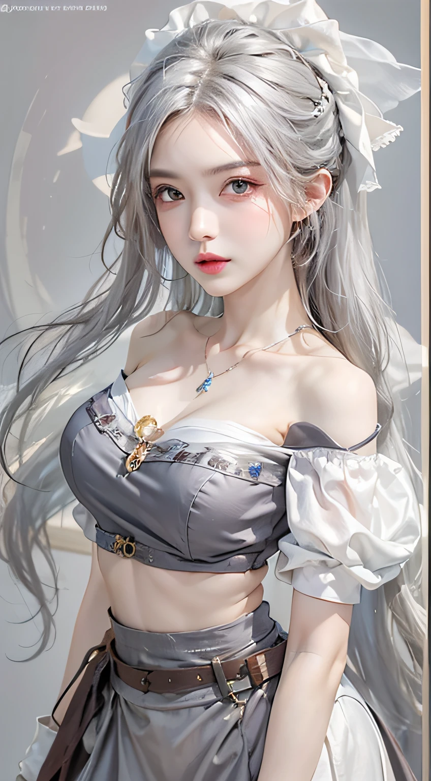 Top quality, very detailed, masterpiece, ultra-detailed, (realistic: 1.2), 1 girl, (white background), simple background, delicate eyes, silver-haired, purple eyes, hair_ornament, (golden minuscule micro bikini), long hair, pointy_ears, crown_braid, embarrassed face, straight hair, (++ sitting: 1.2), large breasts, slightly spread legs, figure, swimsuit with an impossibly small cloth area,