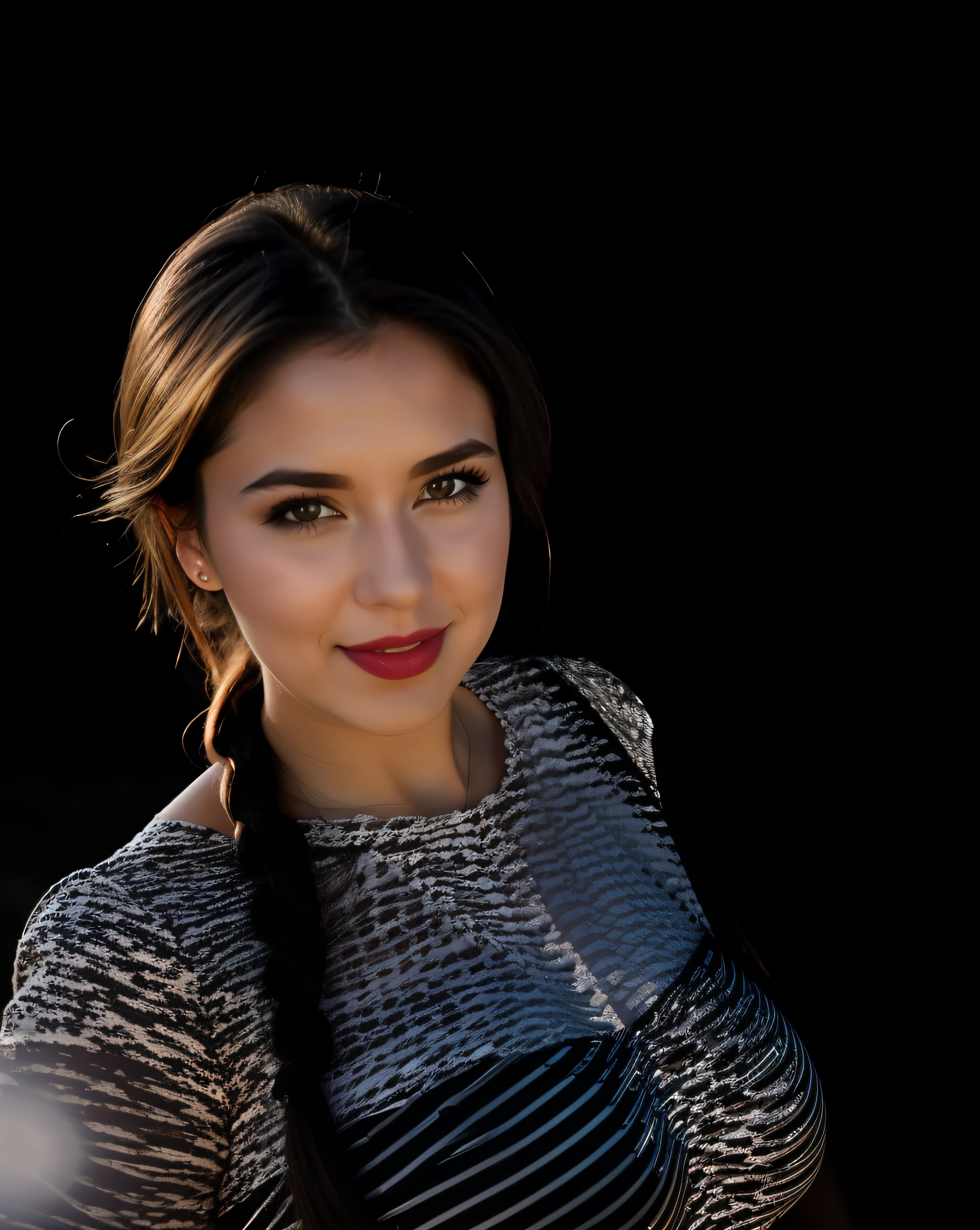 Beach background, RAW photo, face portrait photo of beautiful 26 y.o woman, cute face, wearing black white top, happy face, hard shadows, cinematic shot, dramatic lightin, big boobs, long hair, dramatic background, dark pink lips, sexy figure,