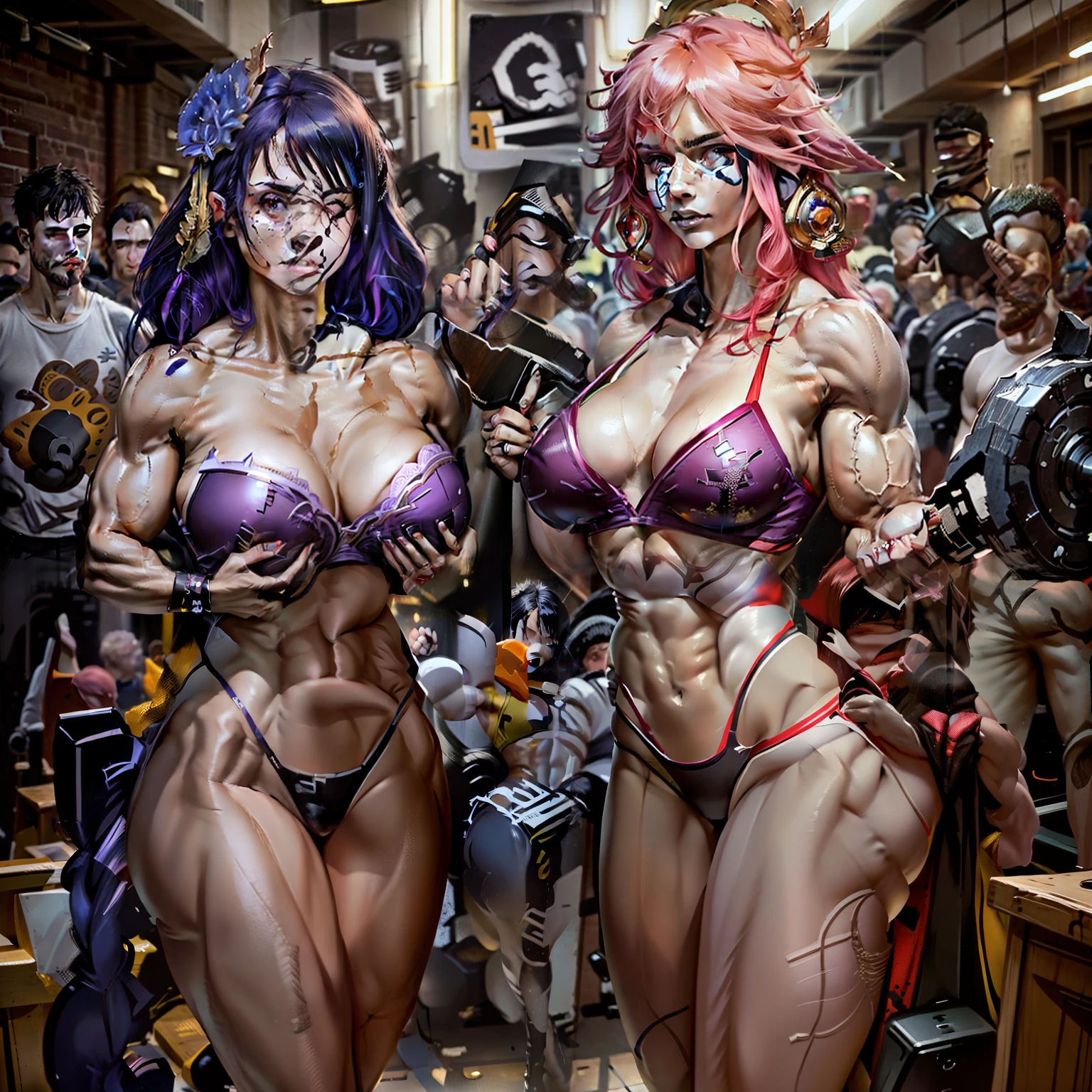 Women with developed biceps, muscular muscles in the chest, eight-pack abs in the legs,Working out in a gym