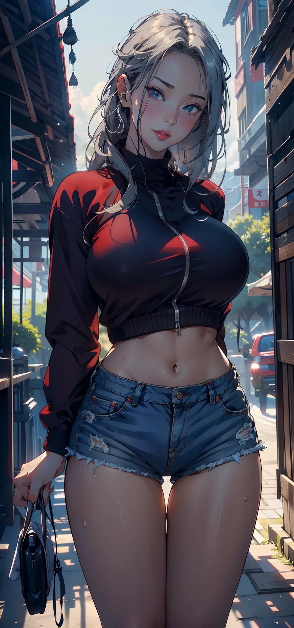 1female,36 years old,熟妇,mature,Bigchest,Big breasts Thin waist,slenderlegs,long leges,Busty and sexy,Pornographic exposure, 独奏,(Background with:bamboo forrest,clubs) She has long silver-gray hair,standing on your feet,Sweat profusely,drenched all over the body,seen from the front, hair straight, mostly cloudy sky,(((tmasterpiece),(Very detailed CG unity 8K wallpaper),best qualtiy,cinmatic lighting,detailed back ground,beatiful detailed eyes,Bright pupils,(Very fine and beautiful),(Beautiful and detailed eye description),Blue eyes,Redlip,ultra - detailed,tmasterpiece,)),facing at camera,A high resolution,ultra - detailed),revealing breasts,Bare genitalia, Bulge,legs are open,sexyposture,Camel toes,Flushed complexion,Smile,frontage,(Wearing:Red baseball jacket,Black slave collar,Sexy denim shorts,athletic sneakers)
