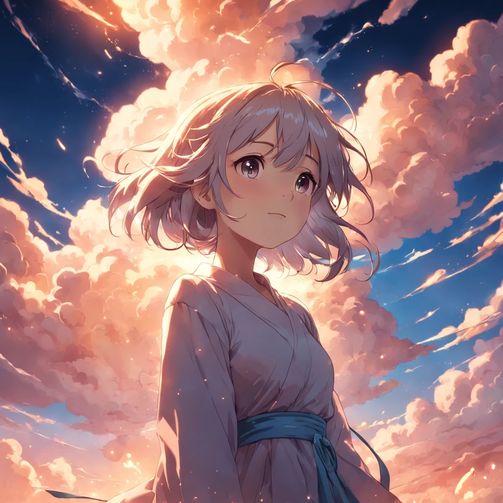 masterpiece, best quality, movie still, 1girl, cloud girl, floating in the sky, close-up, bright, happy, warm soft lighting, sunset, (sparks:0.7)