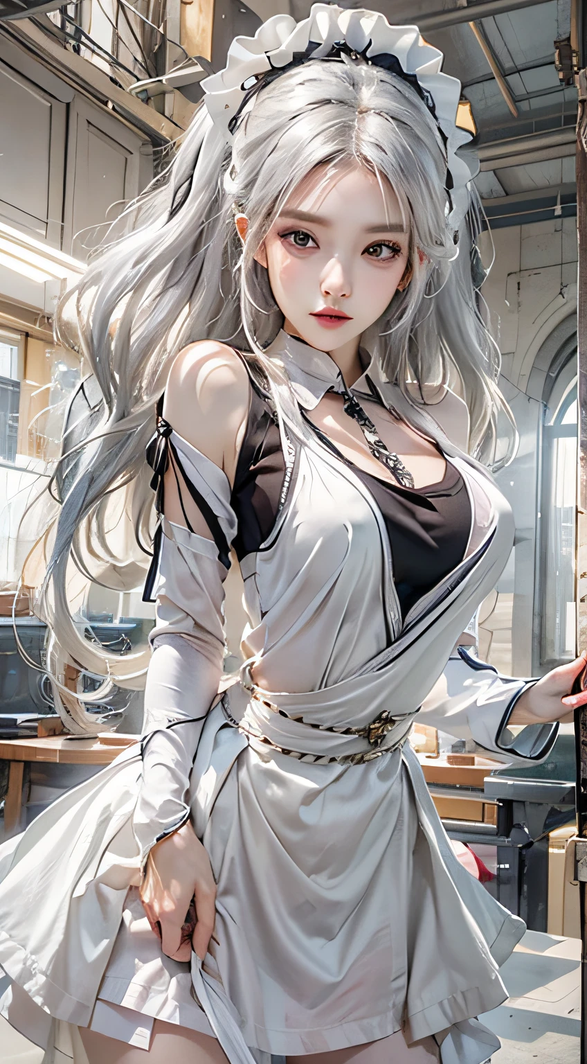 Photorealistic, High resolution, 1womanl, Solo, hips up high, view the viewer, (Detailed face), White hair, Long hair, maid clothes, Jewelry、off shoulders、)、(up skirt)