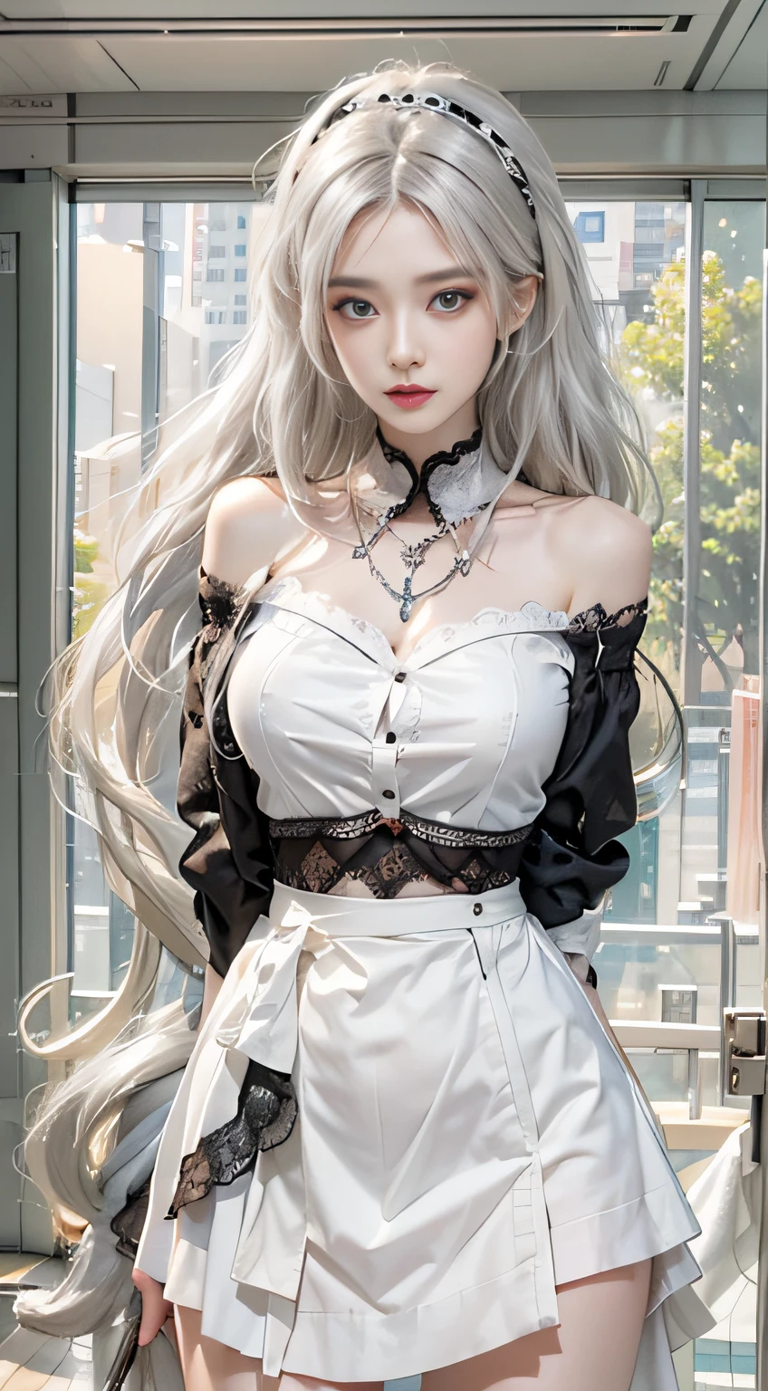 Photorealistic, High resolution, 1womanl, Solo, hips up high, view the viewer, (Detailed face), White hair, Long hair, maid clothes, Jewelry、a miniskirt、Off-shoulder front opening、（up skirt、）（Black lace panties）