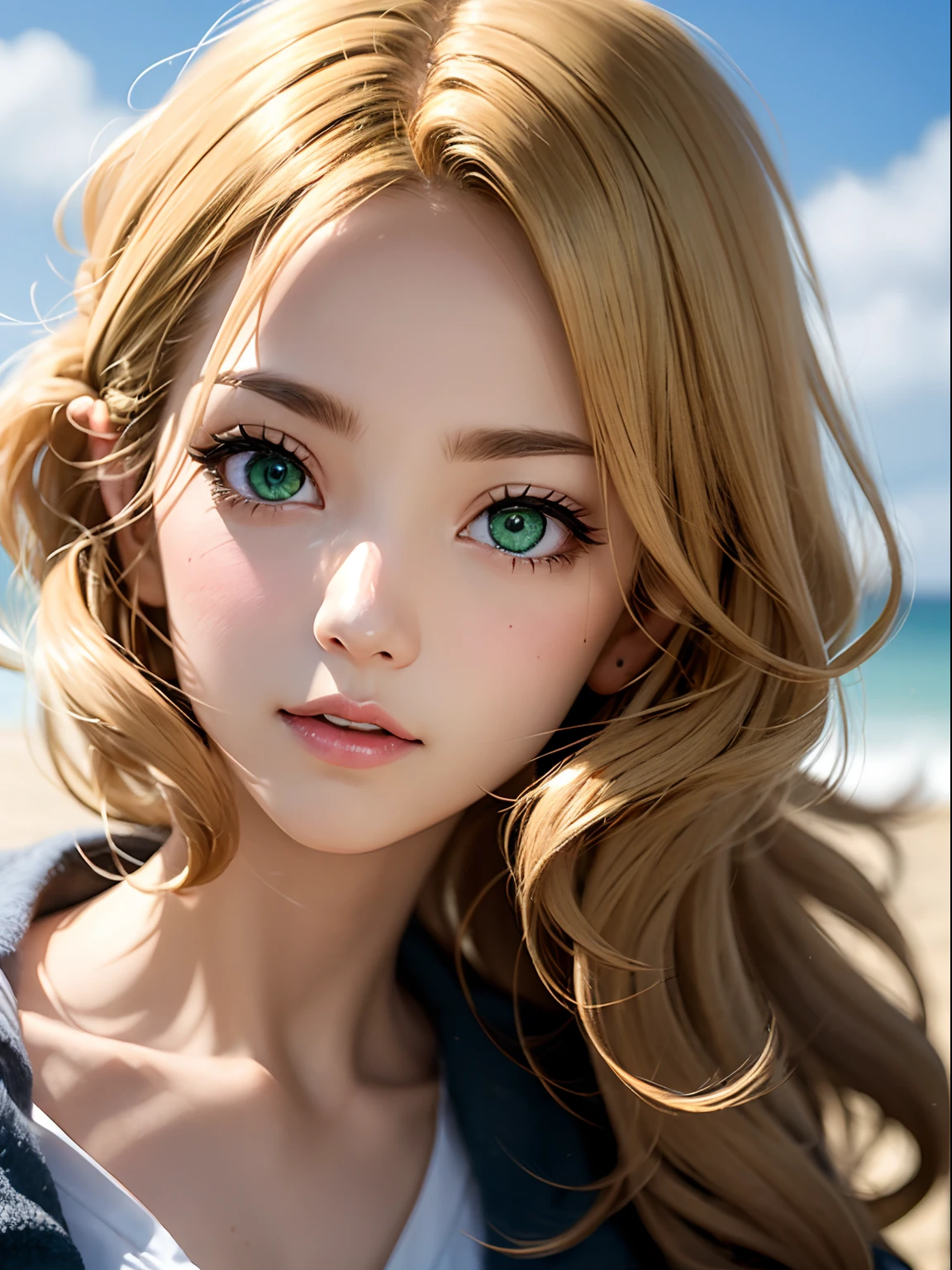 2.5D, 1 Lady, facial close-up, (((1 Lady:1.37, Solo))), (((Extreme close-up of the face))), (Beautiful face, Cute face, Detailed face,), BREAK, ((( Golden hair, Semi-long hair, Hair pulled back, Wavy Hair))), (((Detailed beautiful green eyes,))), BREAK, (((Sunny))), (((in beach))), BREAK, Cinematic lighting
