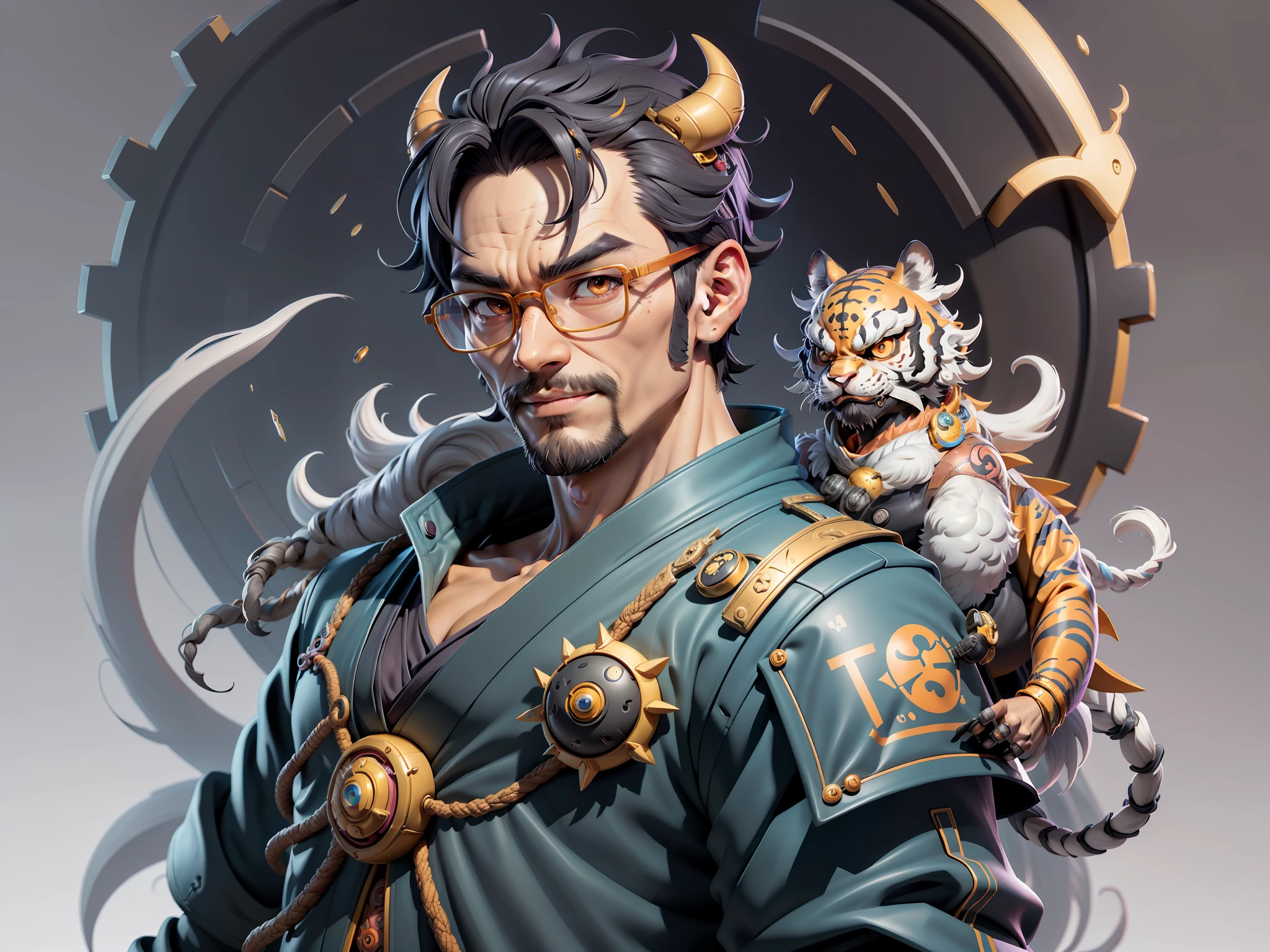 (Masterpiece), (Excellent), (Super Meticulous), (Full Body: 1.2), Super Young Man with Japanese Female Geisha, Pretty, Beautiful, Chinese Dragon, Tiger, Wind God Thor, Sexy, Bursting, Oriental Face, TV Anchor, Bust Portrait Illustration, Black Suit, Blue Tie, Slightly Chubby Face, Silver Glasses, Very Clean Face, No Beard on Chin, Black Super Short Hair, Black Eyes, Confident Smile, 3c Computer Sub-Products, iPad, iPhone, Digital Painting, 3D character design by Mark Clairedon and Pixar and Hayao Miyazaki and Akira Toriyama, the illustrations are HD illustrations in 4K resolution with highly detailed facial features and cartoon-style visuals.