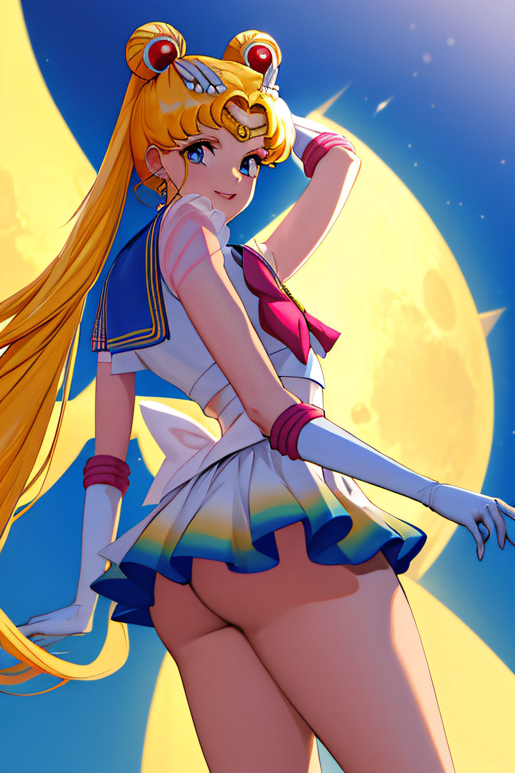 Obra maestra, La mejor calidad, absurdos, antomy perfecto, 1girl, solamente, SMMoon, 1990's \(estilo\), rubia sailor moon, En pie, They are smiling, Disparo de vaquero, Uniforme Sailor Senshi, Collar de marinero, falda azul, guantes de codo, en postura de espalda, Show off your loot, Backwards, No hay tanga Big Booty, Ultra minifalda