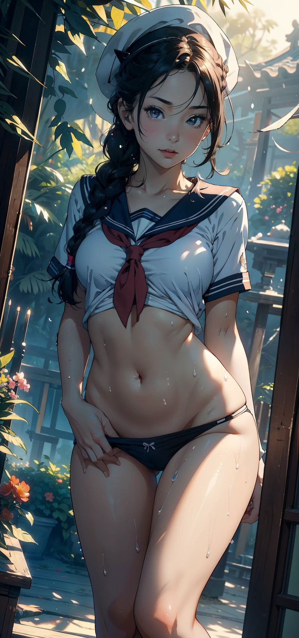 1female，25 age old，Slim，Large breasts，long leges，Big breasts Thin waist，Pornographic exposure， 独奏，（Background with：bamboo forrest，Stand in a sea of flowers，in summer） She has very short black hair，standing on your feet，Sweat profusely，drenched all over the body，seen from the front， Twist braids， mostly cloudy sky，（（（tmasterpiece），（Very detailed CG unity 8K wallpaper），best qualtiy，cinmatic lighting，detailed back ground，beatiful detailed eyes，Bright pupils，（Very fine and beautiful），（Beautiful and detailed eye description），ultra - detailed，tmasterpiece，）），facing at camera，A high resolution，ultra - detailed），revealing breasts，Bare genitalia， Bulge，Camel toes，Raised sexy，Flushed complexion，Open-mouthed，frontage，Sailor's cap，（Wearing：Sailor uniform，with no underpants，）nakeness，upper body photos