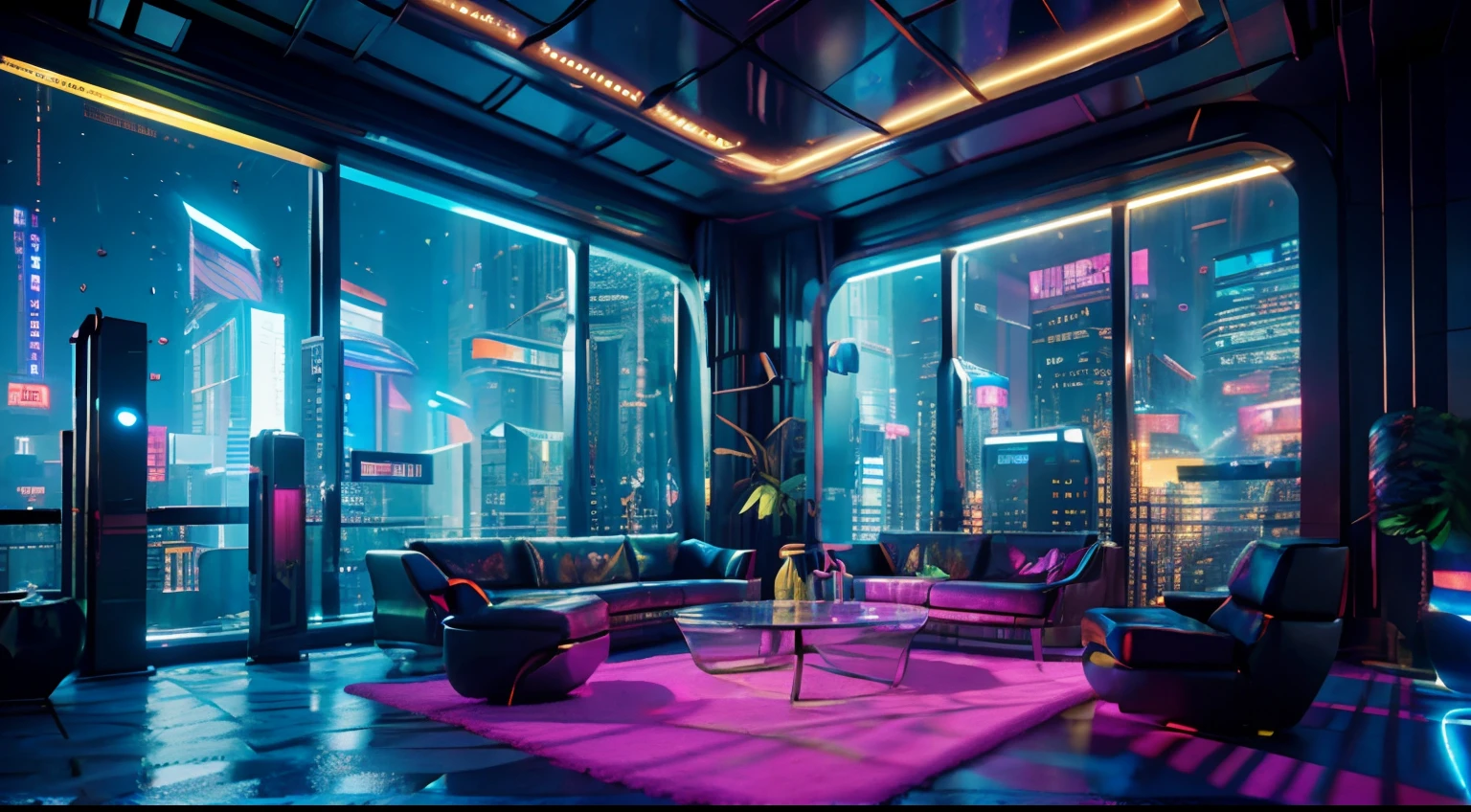 ((tmasterpiece)),(hyper-detailing),(Complicated details),(High resolution CGI artwork 8k),A futuristic cyberpunk living room。Large windows for balcony floor-to-ceiling windows,Busy and colorful、Detailed cyberpunk cityscape。Futuristic style,There are many colors and LED lights。The cityscape should be very detailed,depth of fields。Create depth with atmospheric lighting,Evoke the feeling of a busy futuristic city outside the window。cameras:Wide-angle lens showing rooms and windows。The window should be the focal point of the image。illuminating:Use atmospheric and volumetric lighting to enhance cityscape detail。The room should be illuminated by the neon lights of the cityscape