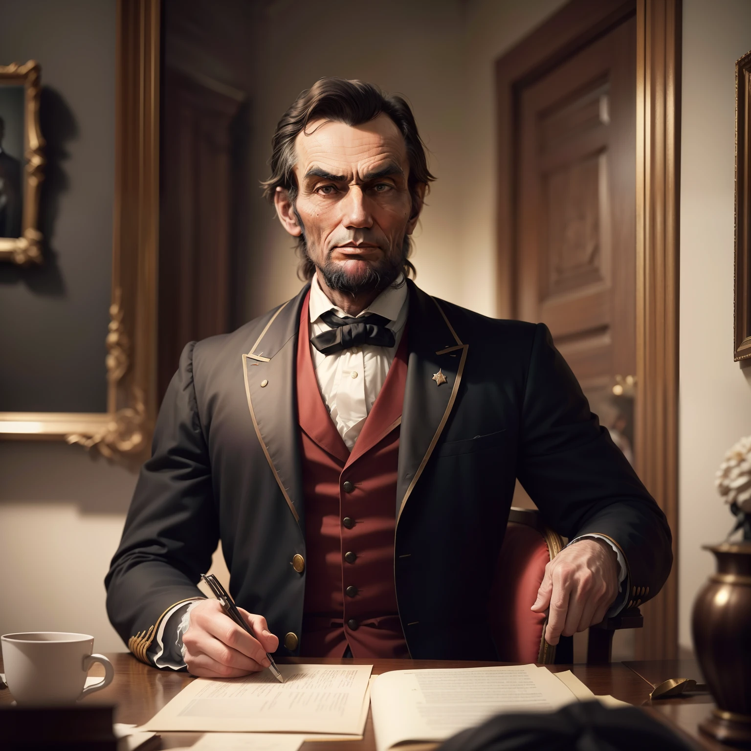 Wide angle shot of united state parliament,s scene at 1860s, american senators, (8k, RAW photo, best quality, masterpiece:1.2), ultra detailed, official art, photo-realistic:1.37, upper body shot, Abraham Lincoln is talking against slavery through the Emancipation Proclamation., film grain, action pose at senate, extreme wide angle