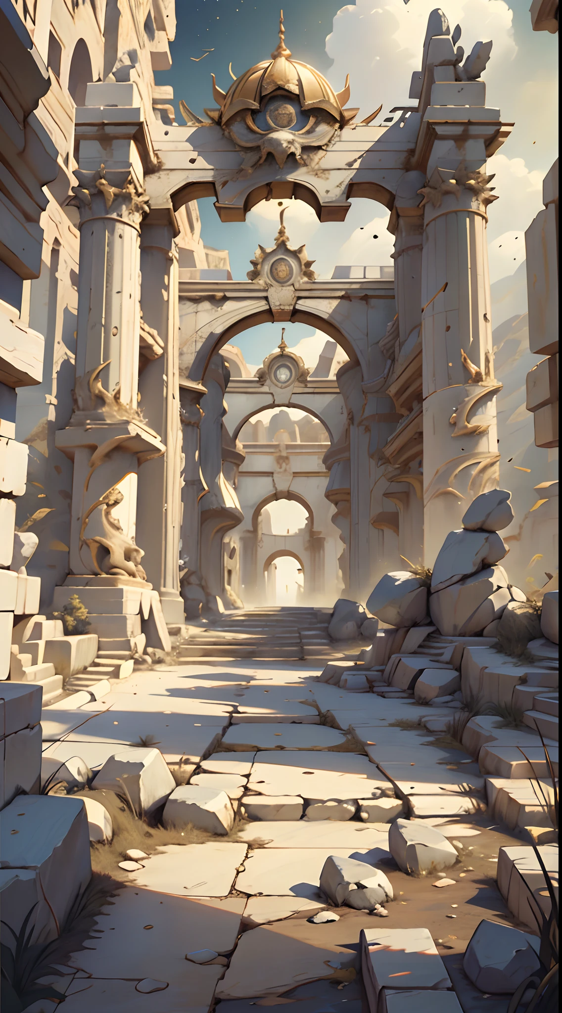 visual novel background， Ivory Gold Platform， Sci-fi spaceship bridge， best qualtiy， Starcloud，Ancient Greek mythological background，Mysterious Palace，Greek War，There are falling rocks on the ground，ultra HD picture quality，Cinematic lighting effects