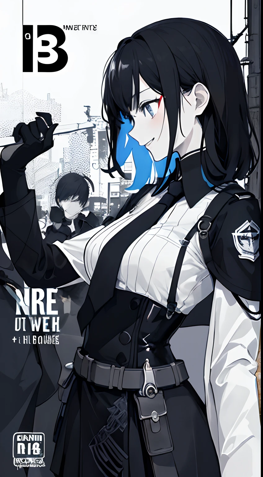 tanishi,saggy breasts,solo, (black and white drawing), manga style, police officer, serious, full body, police station, 1920, cool background, details