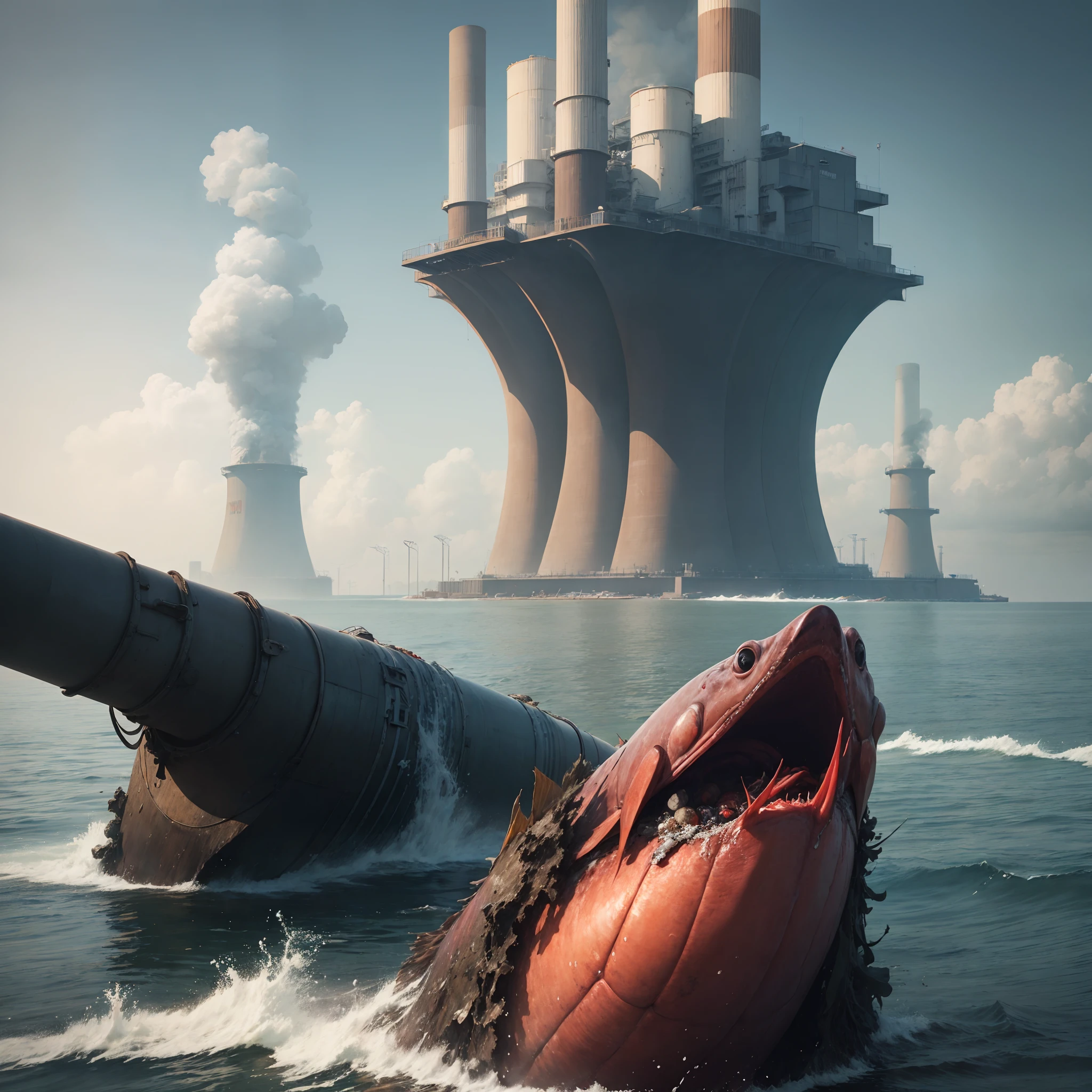tmasterpiece,HighestQuali,Super A resolution,Best contrast,best detail,Anime style,2.2D,Eschatological,Repressive atmosphere,Islands in the distance,Huge complex,nuclear power plant, Black smoke rose from the chimney,Huge pipes were laid on the ground,A pipe protrudes from a huge building parallel to the ground,Stretch below the surface of the sea,Polluted seawater,Fish and shrimp died,Floating on the surface of the sea,The sea water is polluted