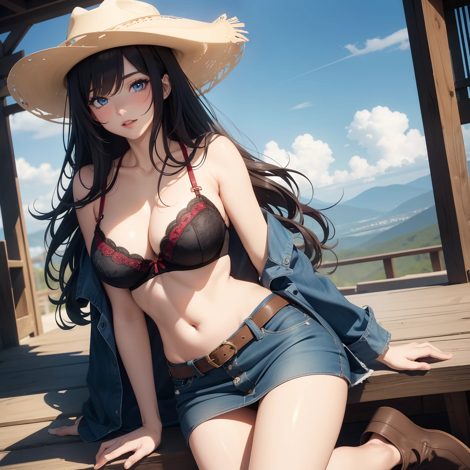 sit with legs wide open, cowgirl fashion, mini skirt, western boots, western hat, western fashion, lace bra and panty, super high image, super detail, super high resolution, anime, manga, illustration, cool beauty, white glossy short wavy flowing layered messy hair, blue big sparkling sharp eyes, red alluring moist thick lips, ecstatic expression, amorous expression, seductive look, huge breasts, under boob, side boob, great proportion, perfect proportion, slender, full body, professional lighting