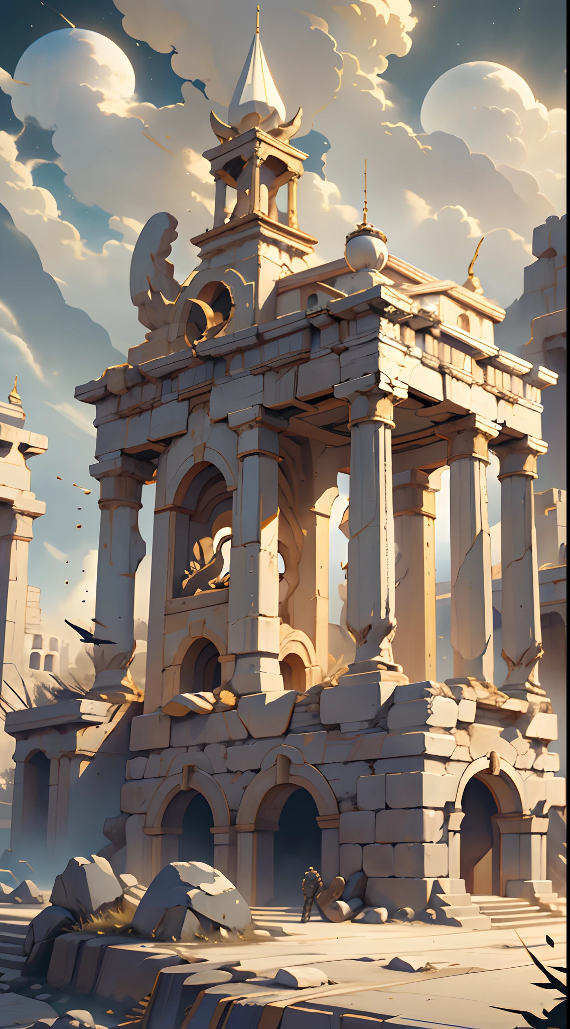 visual novel background, Ivory Gold Platform, Sci-fi spaceship bridge, best qualtiy, Starcloud,Ancient Greek mythological background,Mysterious Palace,Greek War,There are falling rocks on the ground,ultra HD picture quality,Cinematic lighting effects