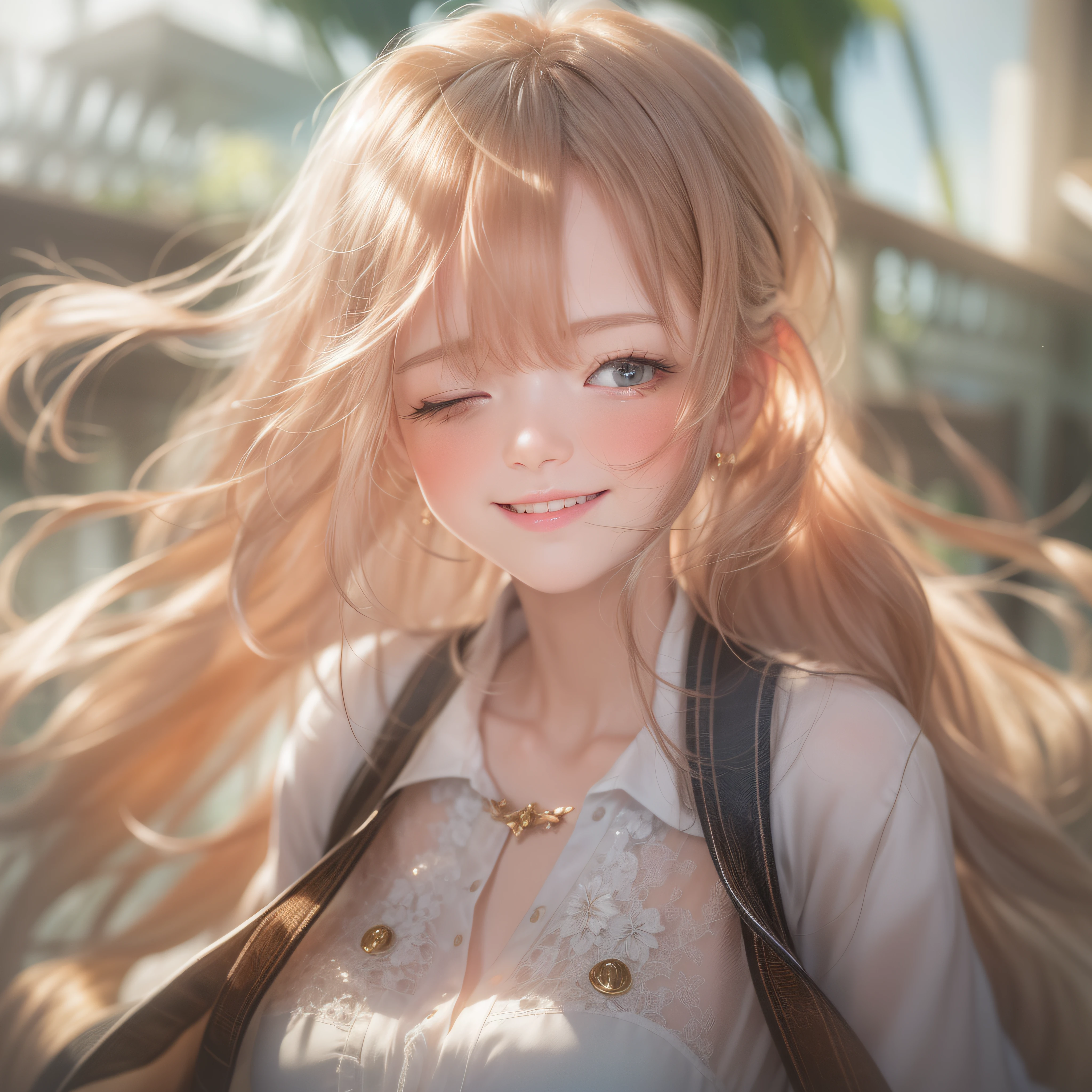 On a day when the sun shines brilliantly、The girl smirked at the dazzling light。In the breeze、She covered her eyes with both hands、I hid my eyes with a sheer cloth。The fabric is made of light fabric.、gently diffuse the sun's rays、It created a fantastic atmosphere as if you were in a dream..。From the other side of the sash、I could see through the dazzling light。The girl's face is slightly reddish,、The warm glow of the sun's rays seemed to gently touch my skin.。The wind swayed and Sa made a light noise.。The girl smiled a little、He seemed to enjoy the comfort of the light and wind from the eyes that were still closed.。At that moment、Around her is full of sounds and glows of nature、The world beyond Sa seemed to be full of happiness.。Eta、In the glare of the sun and the comfort of the wind、It was as if a glimmer of peace and joy was spreading within her..。。Close up of smiling face with open mouth、Close up of smiling face with open mouth、Close up of smiling face with open mouth、Close up of smiling face with open mouth、Close up of smiling face with open mouth、pony-tail hair、pony-tail hair、pony-tail hair、Facing the front、(​masterpiece、realisitic、hight resolution)、(1 girl in):1.2)、Do-Up Eye、a japanese girl、(Best Quality), (masutepiece), (1girl in), Solo, Beautiful Girl, Perfect Pink、faces,  Big Breast,dreamlikeart、Highly detailed airbrush art(((Surreal))、intricate detailes、Volumetric lighting、(​masterpiece:1.2)、(top-quality)、The ultra-detailliert、(The composition of the movement:1.4)、Highly detailed detail、(Irridescent color:1.2)、(Lighting is pink、Atmospheric lighting)、Magical、dynamic compositions、Ray traching、The mirror reflects light、Shallow depth of field、ultra-detailliert、mixing  exposure、nffsw、Super masterpiece、