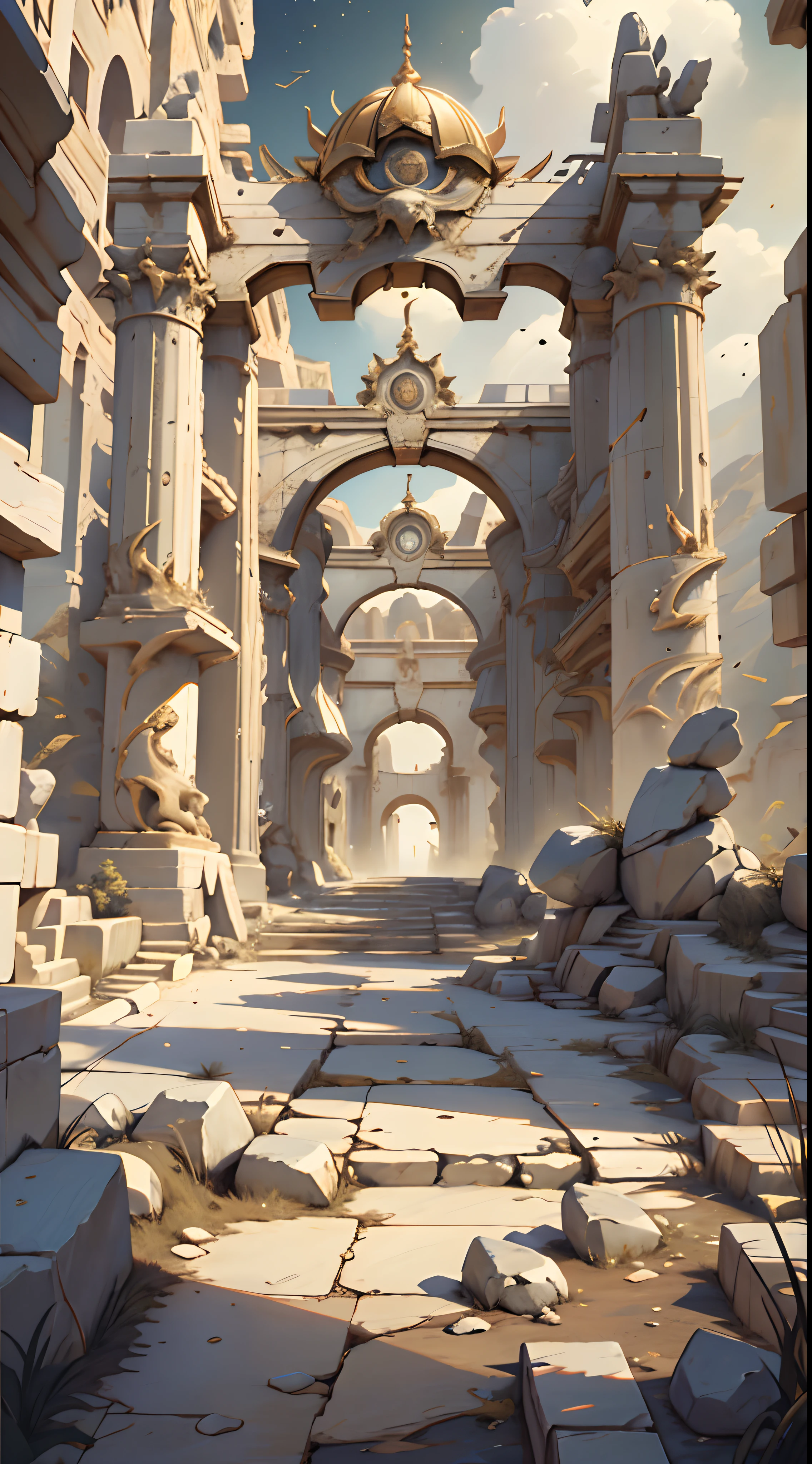 visual novel background, Ivory Gold Platform, Sci-fi spaceship bridge, best qualtiy, Starcloud,Ancient Greek mythological background,Mysterious Palace,Greek War,There are falling rocks on the ground,ultra HD picture quality,Cinematic lighting effects