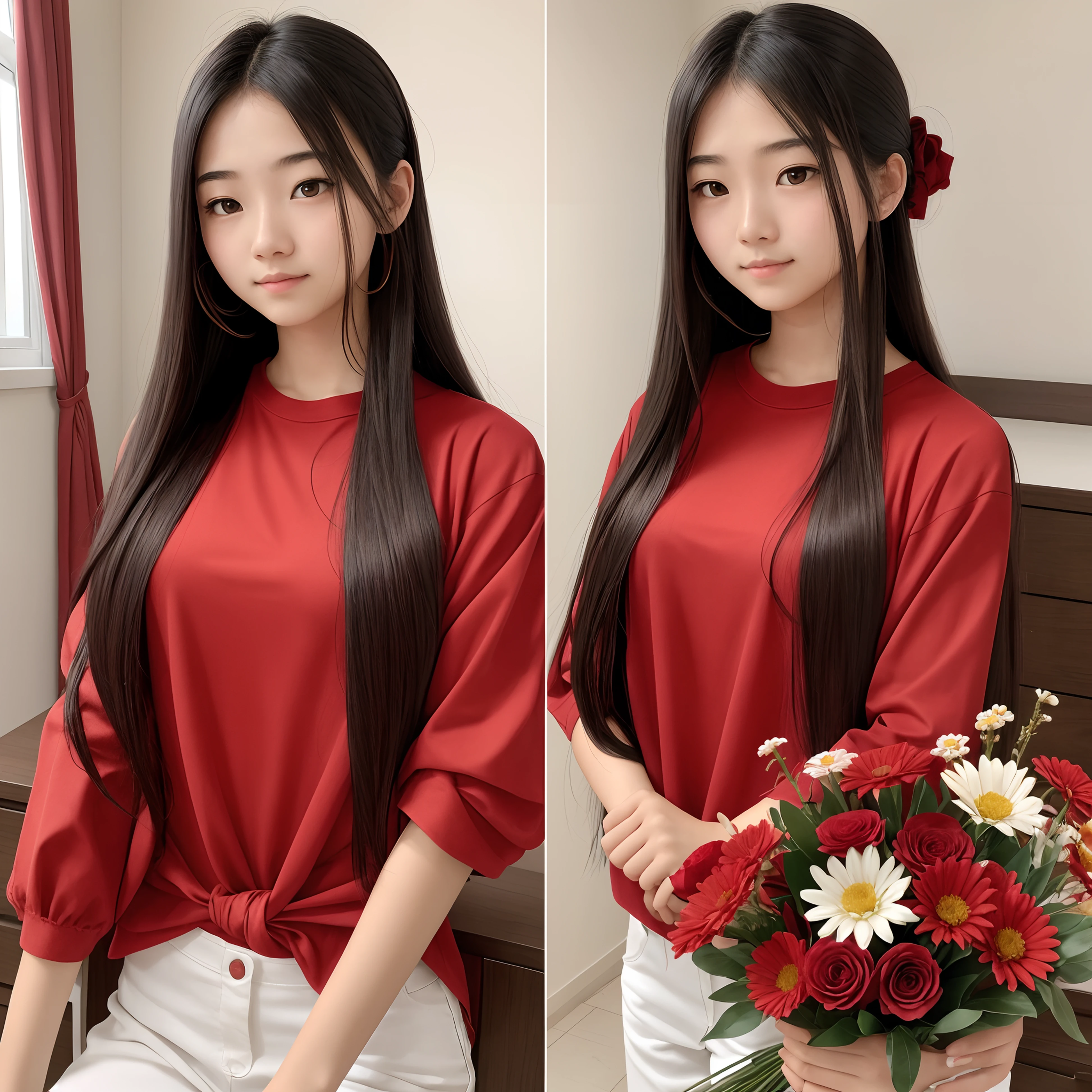 18 years old female, cao 168cm, wearing a red body shirt with flower arrangements, Long smooth hair tied neatly on top beneath the hair