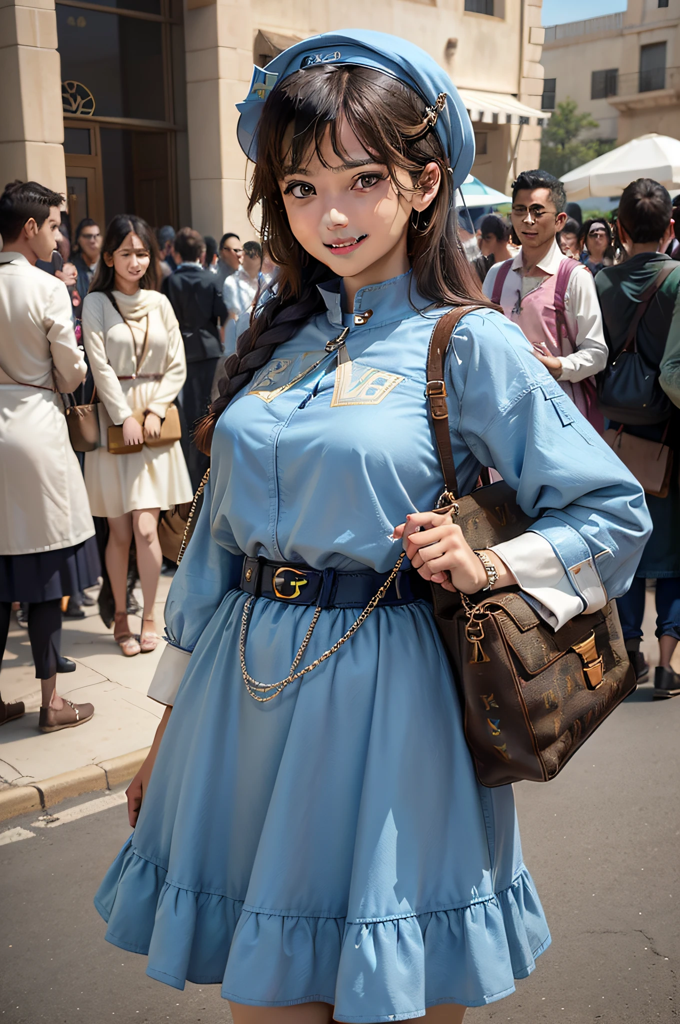 Arafa woman with a Louis Vuitton purse with purse and chain,Cute age girl in uniform、(masterpiece、top-quality:1.2)、超A high resolution、(Photorealsitic:1.4)、Detailed skin、lighting like a movie、friendly、intelligent、Conversational Engaging、happiness、cordial、Energetic、jolly、Created、Glowing eyes and infectious smile