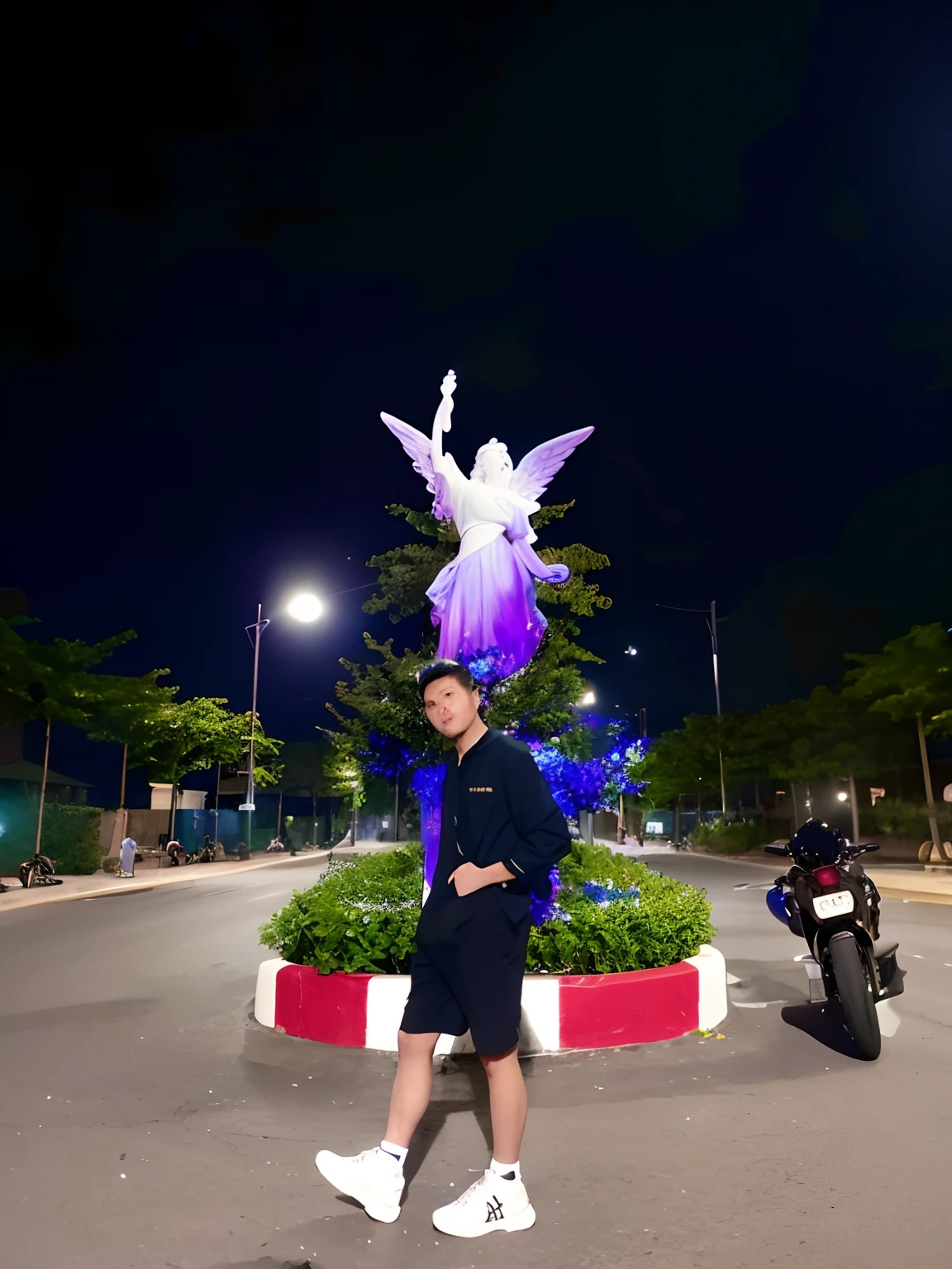 there is a man standing in the middle of a street with a statue on top of it, wonderful masterpiece, 3d statue!!!, dang my linh, taken in the night, photo taken at night, by Cherryl Fountain, super wide angel, taken with canon 8 0 d, taken with sony alpha 9, wide angel, young wan angel