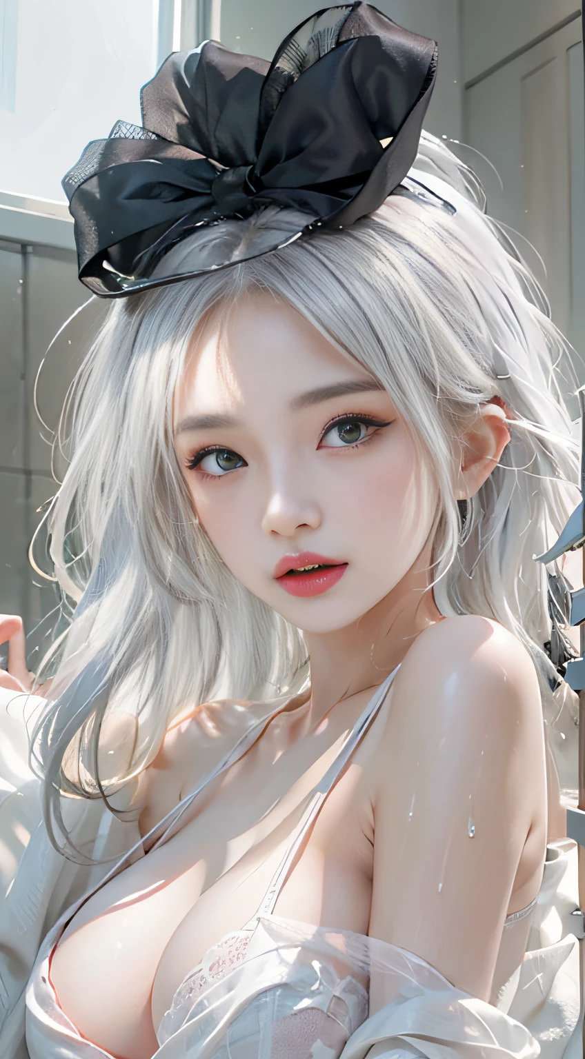 Photorealistic, High resolution, 1womanl, Solo, hips up high, view the viewer, (Detailed face), White hair, Long hair, maid clothes, Jewelry、a miniskirt、Off-shoulder front opening、（up skirt、）（Black lace panties）Blue eyes、white  hair、silber hair、((Beautiful breasts :1.1)), ((((No panties, No bra)))), (Exposed breasts）0p、mix４, (Best Illustration: 1.1), (Best Shadow: 1.1), tongue、Vaginal orchids、Runny Vaginal Discharge、Blowing tide、Very beautiful breasts、Grasp your breasts with both hands、 Spread your legs、sexual excitement、Sex Expressions、shinny skin。realisitic、Photorealsitic:1.37)、）（closing eye）、(Kpop Idol)、lying on one's side、dishevled hair、Medium Hair、(Pink blush)、(illuminating)、[[Open legs、Spread your legs apart]]、(独奏)、dynamicposes、((erectile nipple))、(Puffy eyes:1.２)、 (Slim legs)、erotick、nffsw、Highly detailed ambient occlusion、超A high resolution, A hyper-realistic, Highly detailed, (yawning), (((exhibitionism))), ((she is soaking wet)).Photo