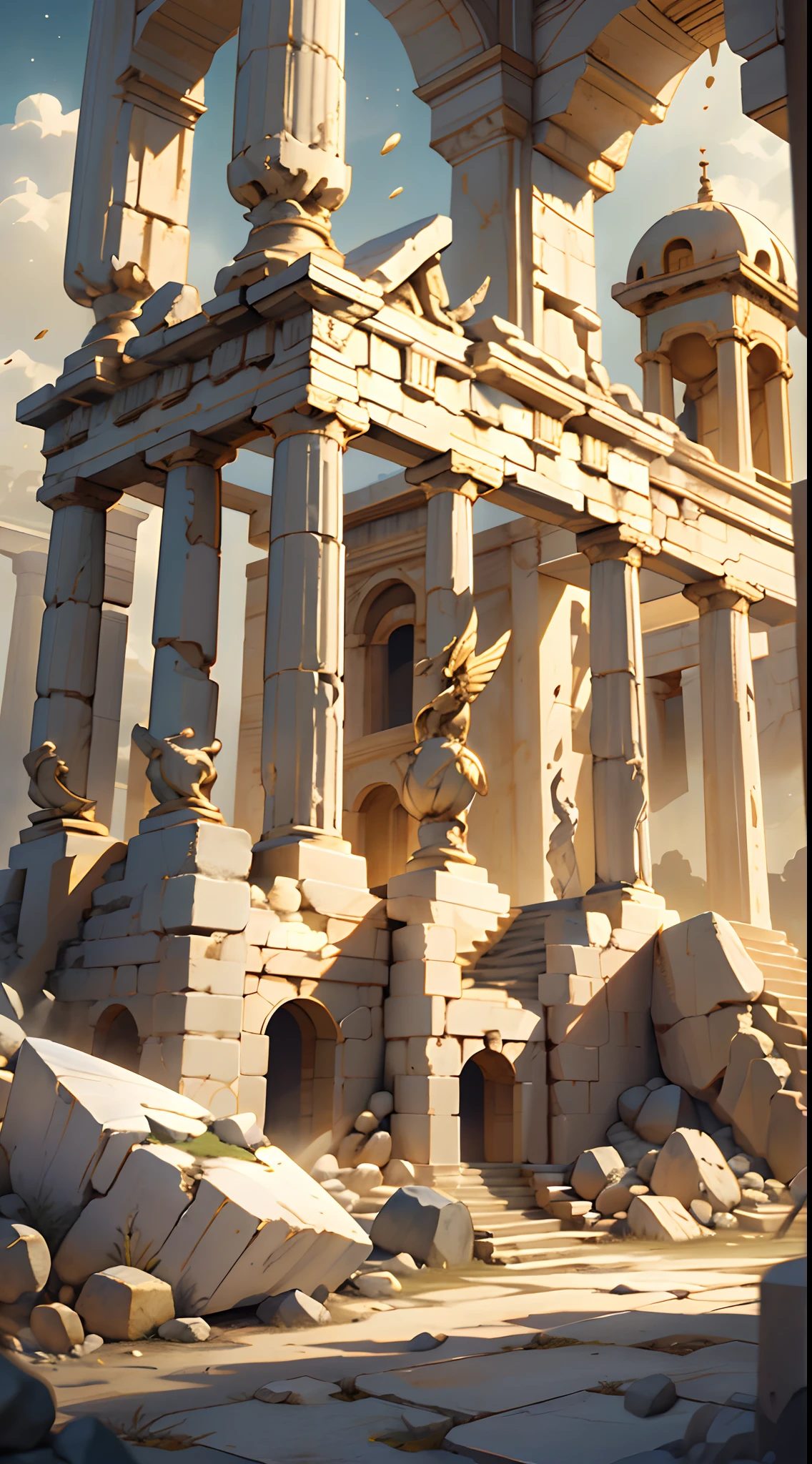visual novel background， Ivory Gold Platform， best qualtiy， Starcloud，Ancient Greek mythological background，Mysterious Palace，Greek War，There are falling rocks on the ground，ultra HD picture quality，Cinematic lighting effects，The end of the world