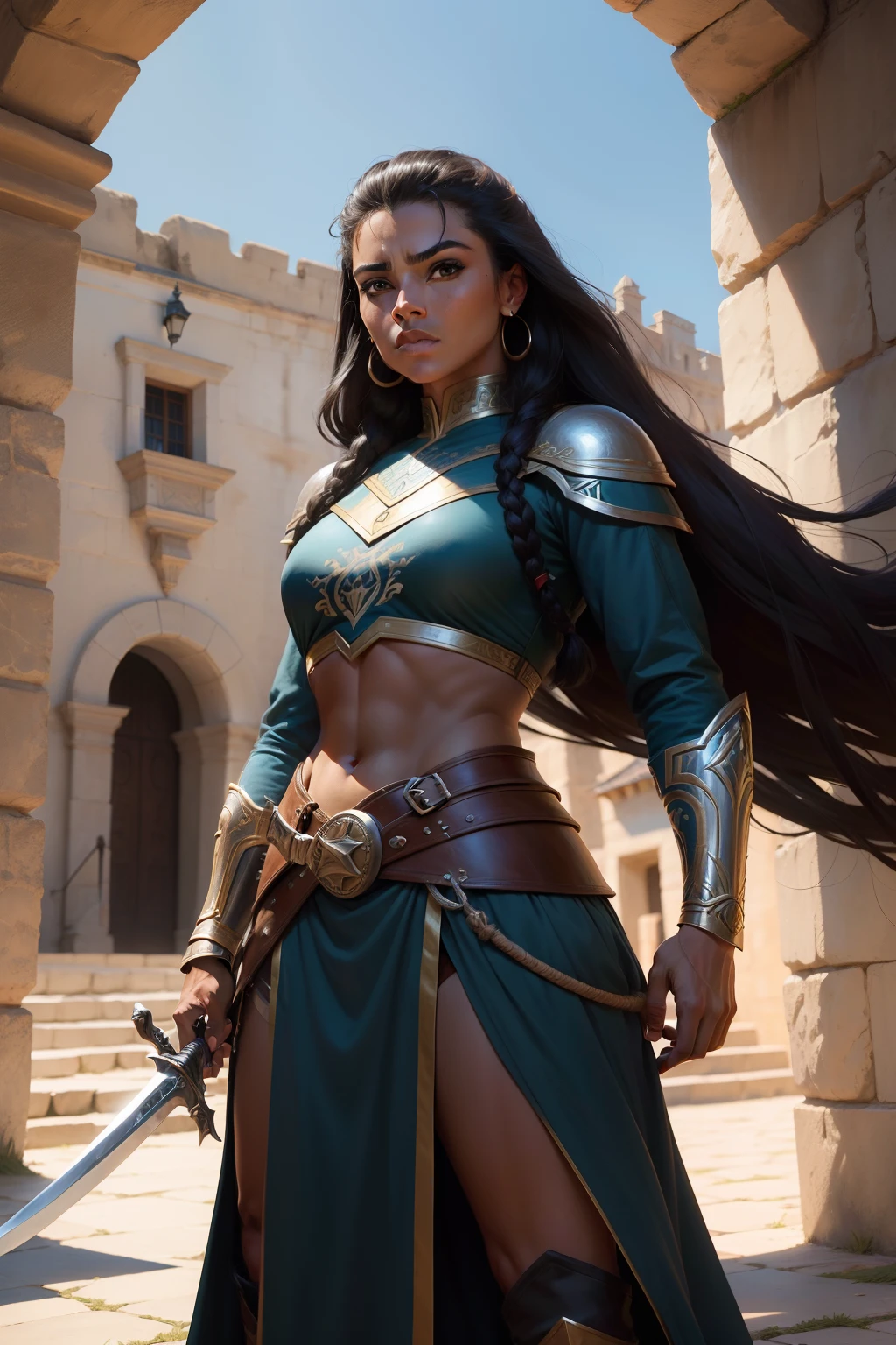 Arte detalhista estilo John Buscema,1homem,barbaro,cabelos longos negros,olhos sombrios,face limpa,manly,pele branca,usando vestimenta celta,Standing with a long sword in her hands in a citadel, a beautiful warrior woman.