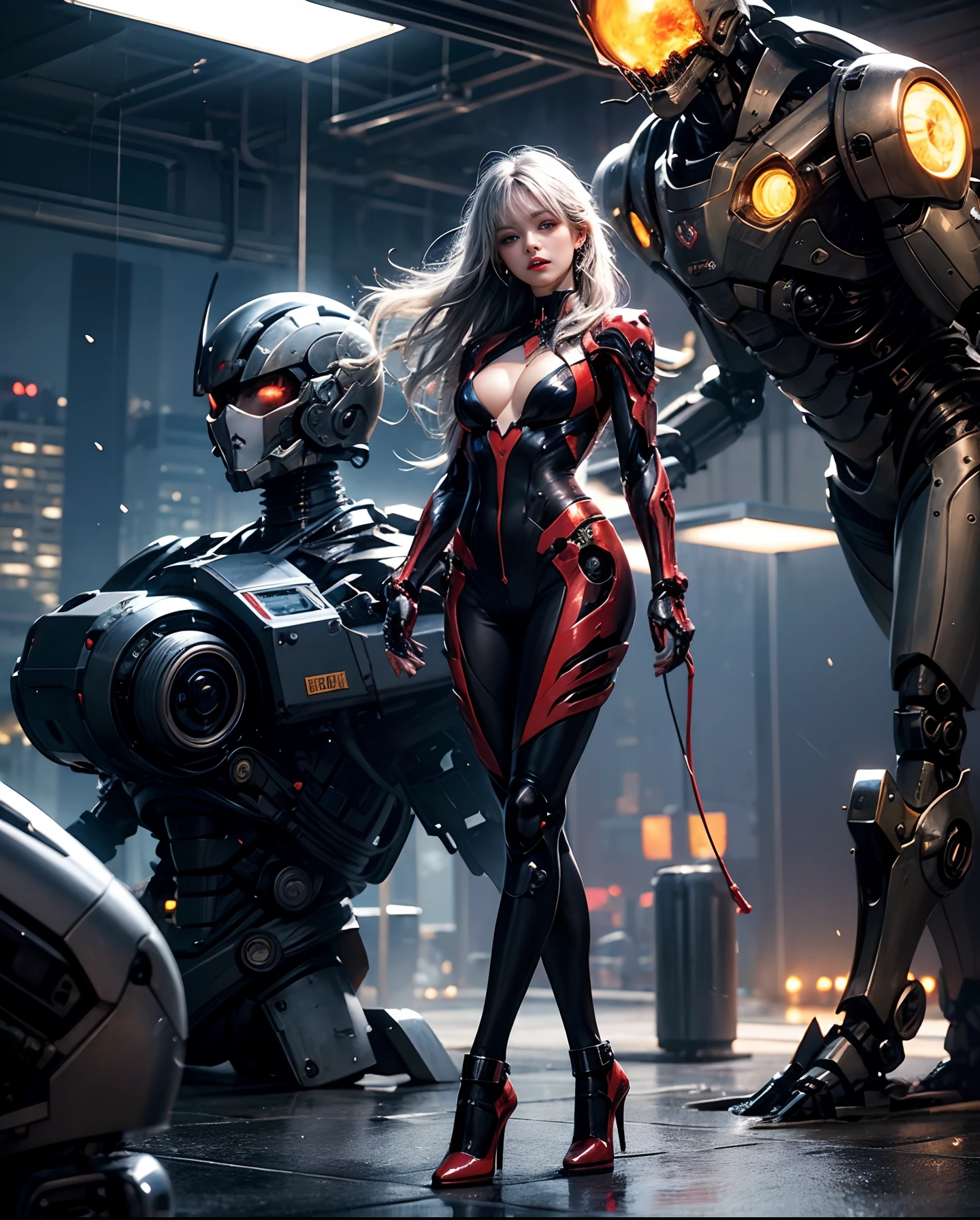 Gradient Color Hair、long fluttering silver hair、long hair flowing with the wind、Breasts are small and B size、A slender、Cleavage is visible。Paws are thin and beautiful,、photoRealstic、Colorful Evangelion-style metal mecha suit、detailed mechanical components、Metal cylinder、Fine parts、Giant robot standing behind、high-heels、Finish as shown in the photo、Eyes are double（A detailed eye）, Beautifully detailed、beautifull detailed face、Grab viewers' eyes with attractive poses、Futuristic battlefield at night、Eyes are on the viewer、The skin is white and transparent beauty、