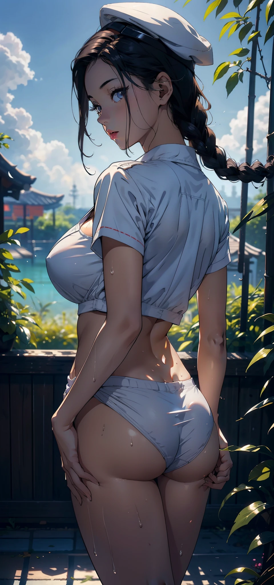 1female，25 age old，Slim，Large breasts，long leges，Big breasts Thin waist，Pornographic exposure， 独奏，（Background with：bamboo forrest，Stand in a sea of flowers，in summer） She has very short black hair，standing on your feet，Sweat profusely，drenched all over the body，seen from the front， Twist braids， mostly cloudy sky，（（（tmasterpiece），（Very detailed CG unity 8K wallpaper），best qualtiy，cinmatic lighting，detailed back ground，beatiful detailed eyes，Bright pupils，（Very fine and beautiful），（Beautiful and detailed eye description），ultra - detailed，tmasterpiece，）），facing at camera，A high resolution，ultra - detailed），revealing breasts，Bare genitalia， Bulge，Camel toes，Raised sexy，Flushed complexion，Open-mouthed，frontage，Sailor's cap，（Wearing：Sailor uniform，with no underpants，）nakeness，upper body photos