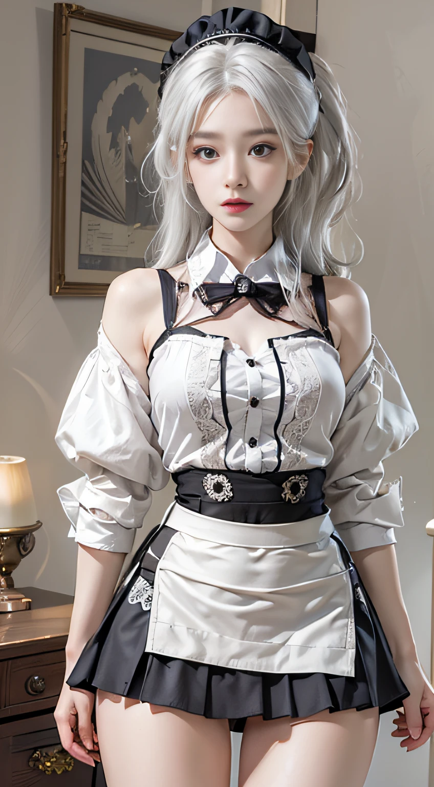 Photorealistic, High resolution, 1womanl, Solo, hips up high, view the viewer, (Detailed face), White hair, Long hair, maid clothes, Jewelry、a miniskirt、）（off shoulders）、Front opening、（（Skirt up with both hands（））（up skirt）、（Lace panties）