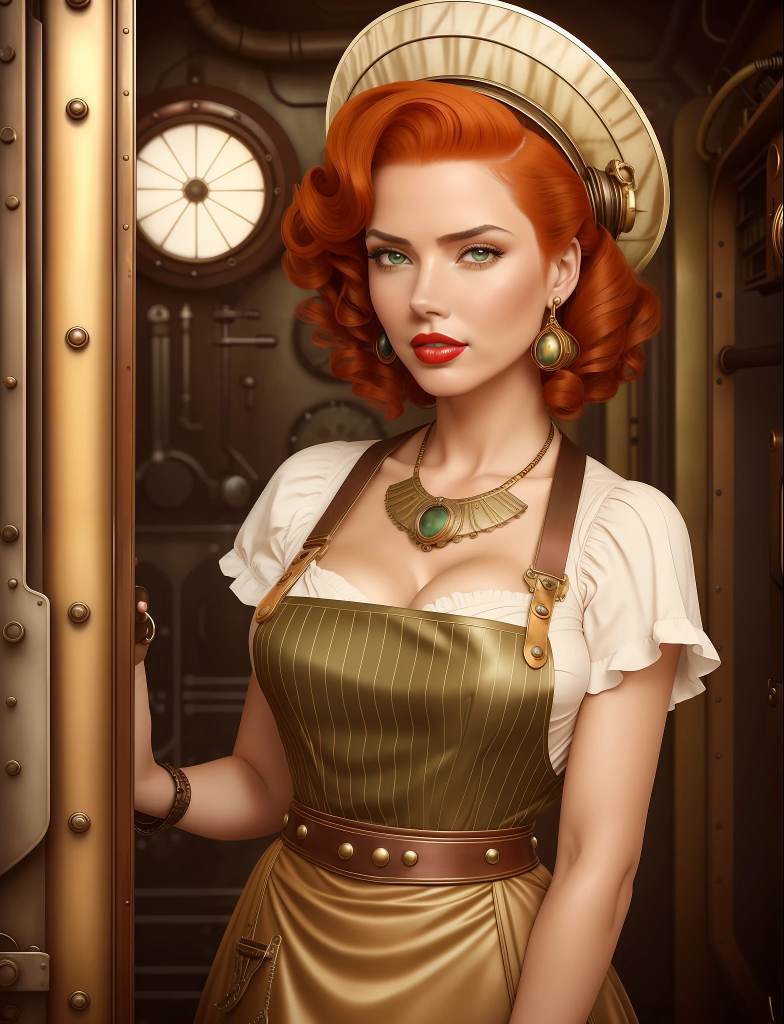 Deliberate photo of mature woman standing, (freckles:0.7), solo, jewelry, earrings, green eyes, looking at viewer, makeup, curly hair, lipstick, red hair, red lips, (steam punk style:1.2), retro style, fantasy, realistic, closeup, ([Adriana Lima | Magan Fox ]:1.1) wearing apron, inside space ship time machine, retro soviet wave, realistic, pinup art, pinup girl, muted colors, sepia, orange hair, short hair, parted lips, curious, shiny skin,