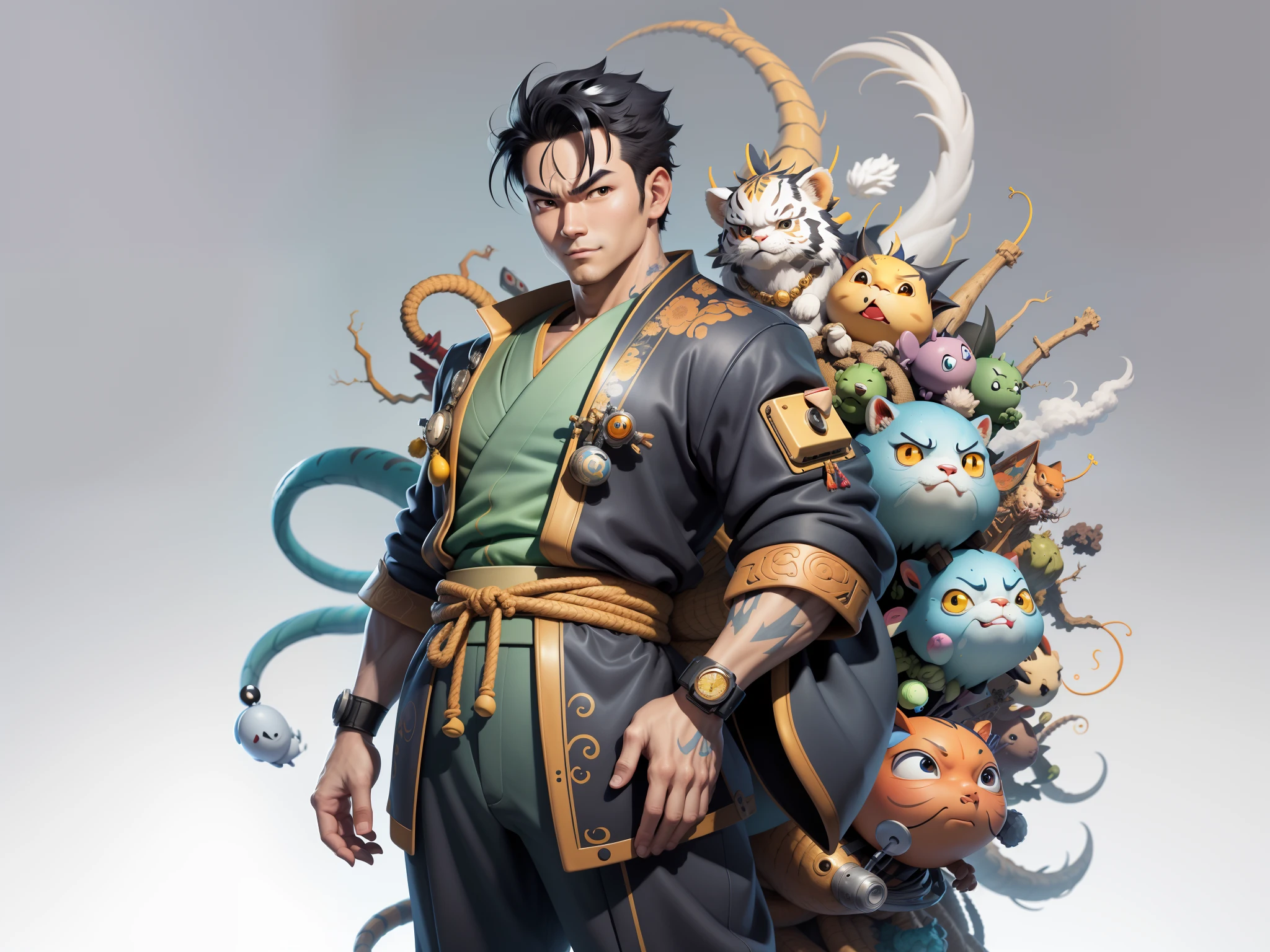 (Masterpiece), (Excellent), (Super Meticulous), (Full Body: 1.2), Super Young Man, Oriental Face, Japanese Kimono, Japanese Wind Thunder God, Dragon, Tiger, TV Anchor, Bust Portrait Illustration, Alone, Black Suit, Blue Tie, Slightly Chubby Face, Very Clean Face, No Beard, Black Super Short Hair, Black Eyes, Confident Smile, 3c Computer Sub-Products, iPad, iPhone, Digital Painting, 3D Character Design by Akira Toriyama and Mark Claireden and Pixar and Hayao Miyazaki, The illustration is a high-definition illustration in 4K resolution with very detailed facial features and cartoon-style visuals.
