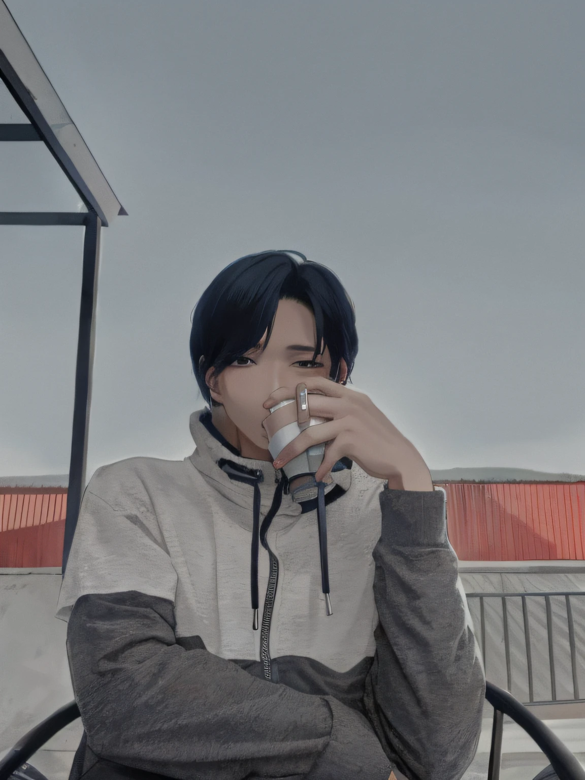 there is a man sitting at a table drinking from a cup, male ulzzang, kim doyoung, taken with sony alpha 9, inspired by Bian Shoumin, hyung tae, inspired by Xiao Yuncong, jinyoung shin, cai xukun, inspired by Gang Hui-an, xintong chen, hong june hyung, low quality photograph, inspired by jeonseok lee