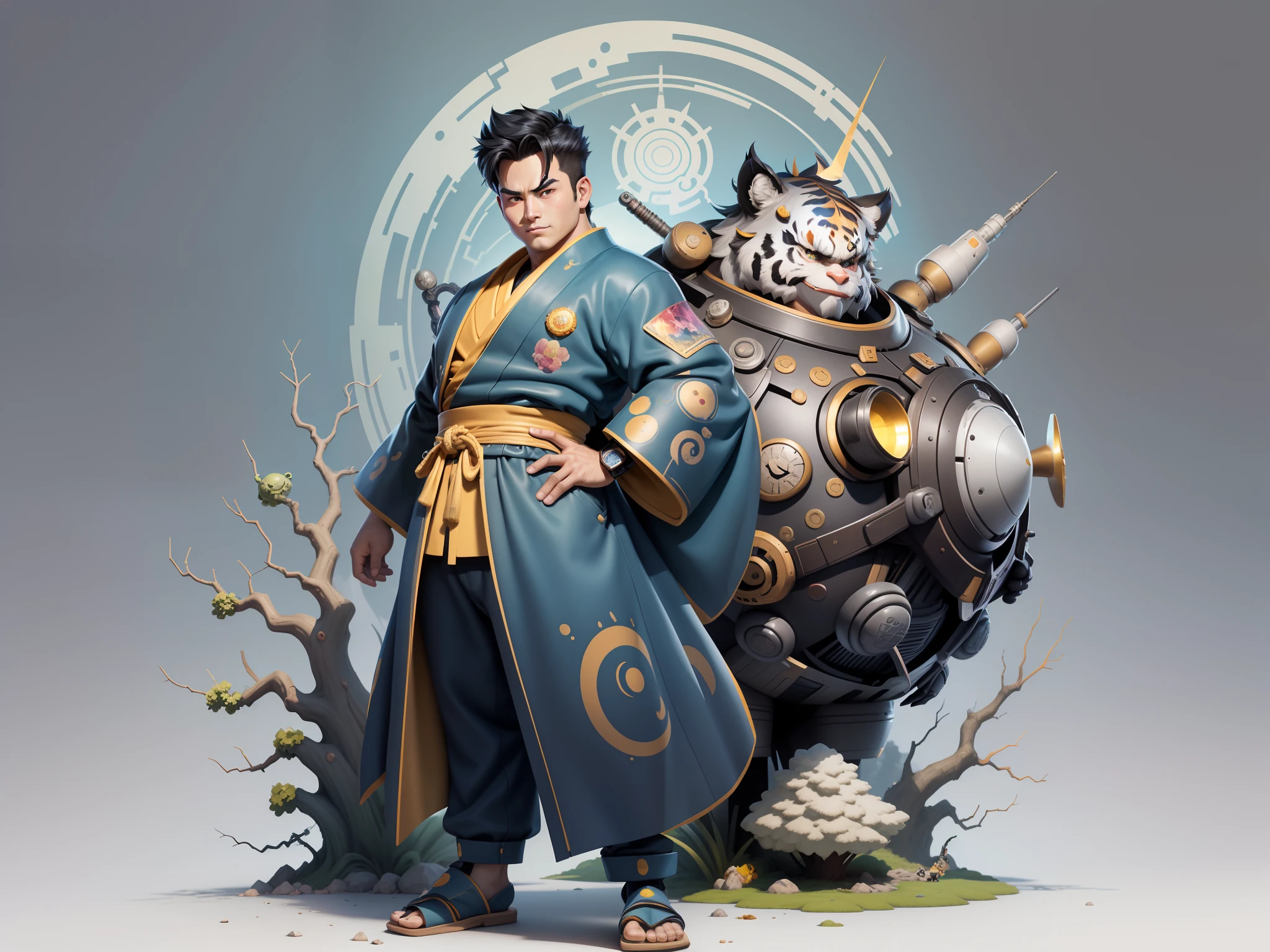 (Masterpiece), (Excellent), (Super Meticulous), (Full Body: 1.2), Super Young Man, Oriental Face, Japanese Kimono, Japanese Wind Thunder God, Dragon, Tiger, TV Anchor, Bust Portrait Illustration, Alone, Black Suit, Blue Tie, Slightly Chubby Face, Very Clean Face, No Beard, Black Super Short Hair, Black Eyes, Confident Smile, 3c Computer Sub-Products, iPad, iPhone, Digital Painting, 3D Character Design by Akira Toriyama and Mark Claireden and Pixar and Hayao Miyazaki, The illustration is a high-definition illustration in 4K resolution with very detailed facial features and cartoon-style visuals.