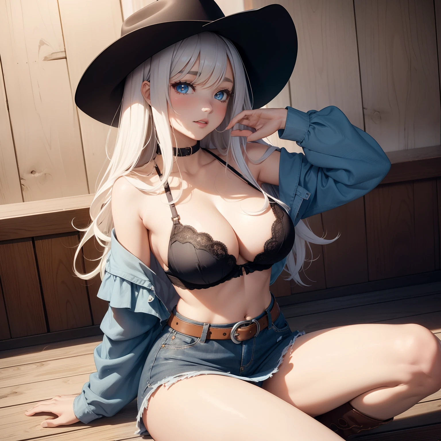 sit with legs wide open, cowgirl fashion, mini skirt, western boots, western hat, western fashion, lace bra and panty, super high image, super detail, super high resolution, anime, manga, illustration, cool beauty, white glossy short wavy flowing layered messy hair, blue big sparkling sharp eyes, red alluring moist thick lips, ecstatic expression, amorous expression, seductive look, huge breasts, under boob, side boob, great proportion, perfect proportion, slender, full body, professional lighting