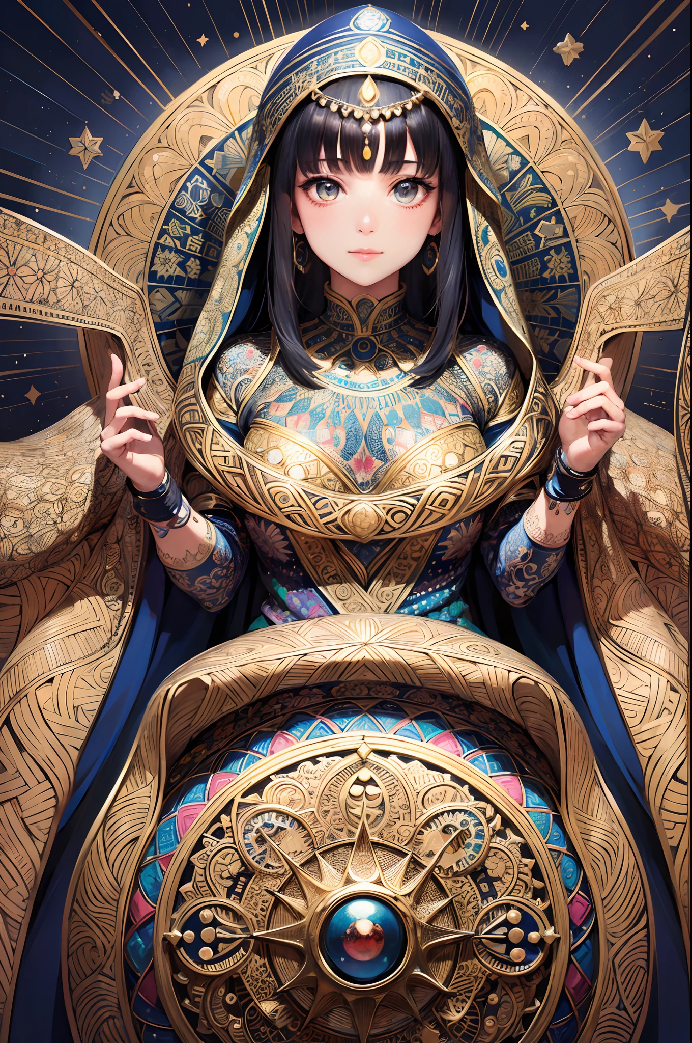 absurdres, highres, ultra detailed, (ultra-detailed background, detailed background), extremly detailed, 1 beautiful and gorgeous girl, siting,Central Asia islamic, North Africa Islamic, (zentangle:1.2), (Islamic geometric pattern:1.2), Fractal art, colorful, upper body