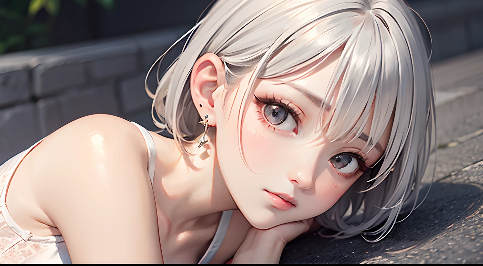 one-girl，Delicate and beautiful face，Short flowing silver hair，Delicate earrings，Extra short underwear，Ultra shorts，Delicate skin，tmasterpiece，sat on the ground