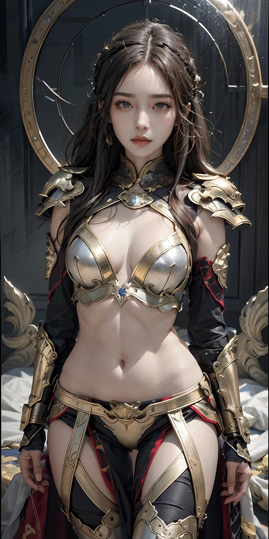photorealistic, high resolution, soft light,1women, solo, hips up, shining skin, (detailed face), Chinese armor, full armor