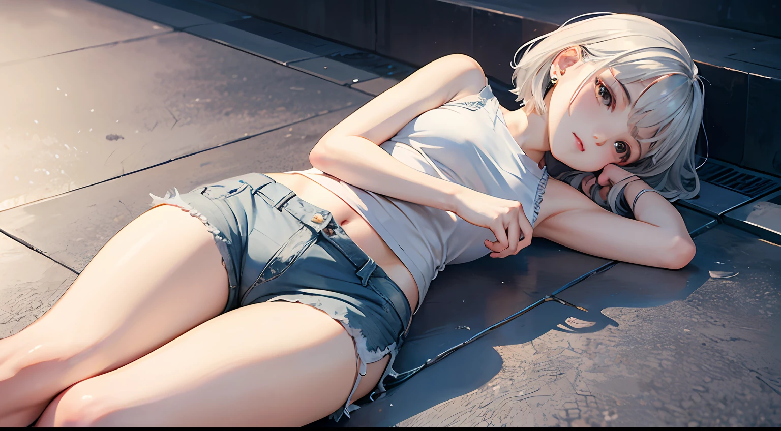 one-girl，Delicate and beautiful face，Short flowing silver hair，Delicate earrings，Extra short underwear，Ultra shorts，Delicate skin，tmasterpiece，sat on the ground