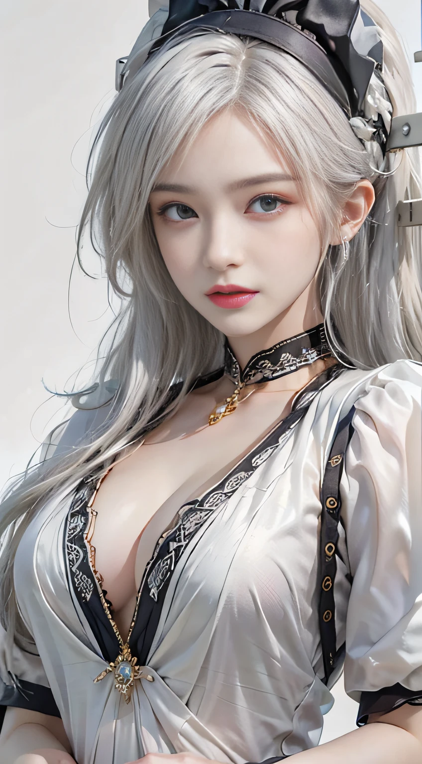 Photorealistic, High resolution, 1womanl, Solo, hips up high, view the viewer, (Detailed face), White hair, Long hair, maid clothes, Jewelry