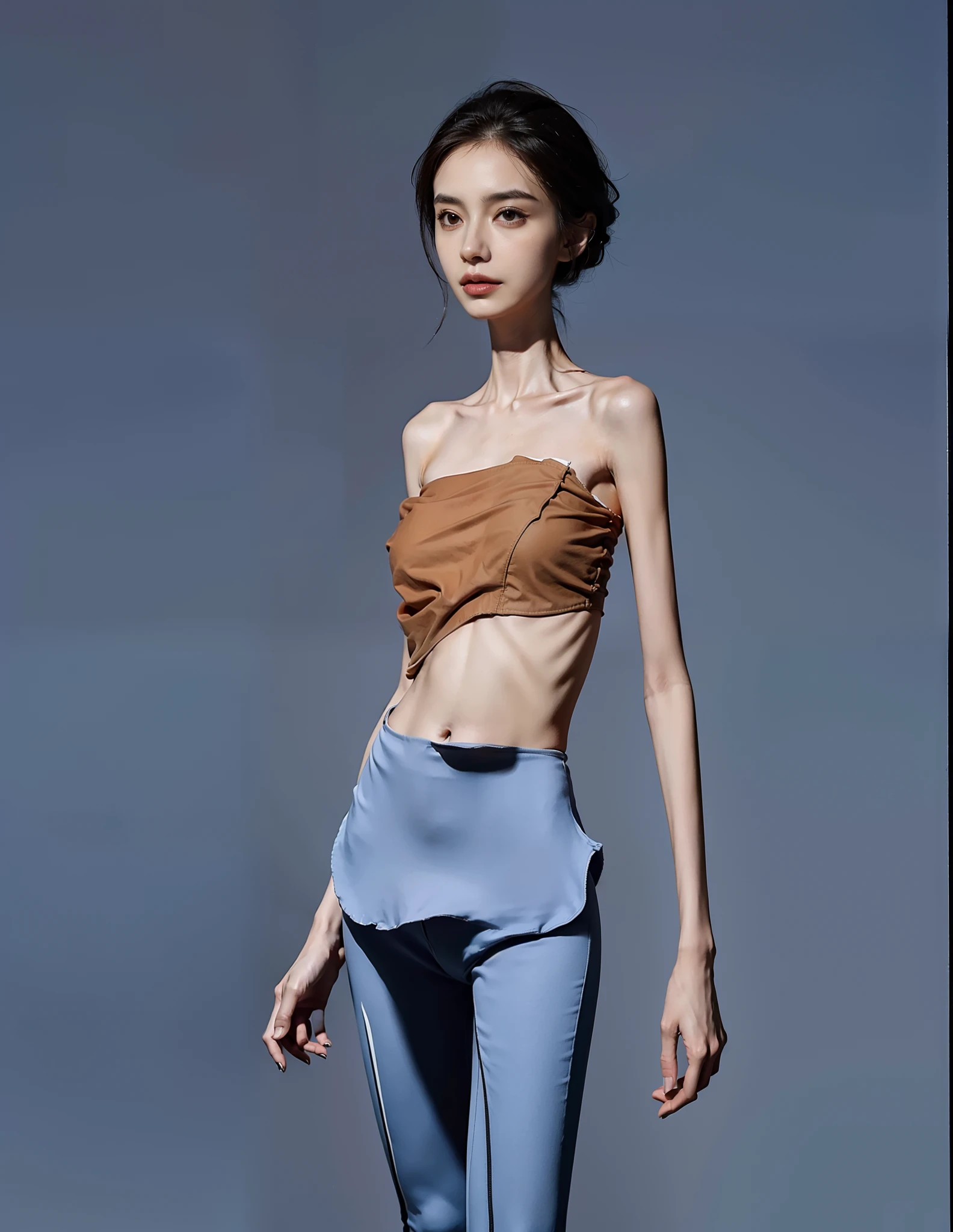 Protruding ribs，distinct clavicle，emaciated，innominate bone，Protruding pelvis，big breasts thin waist，skinny pants