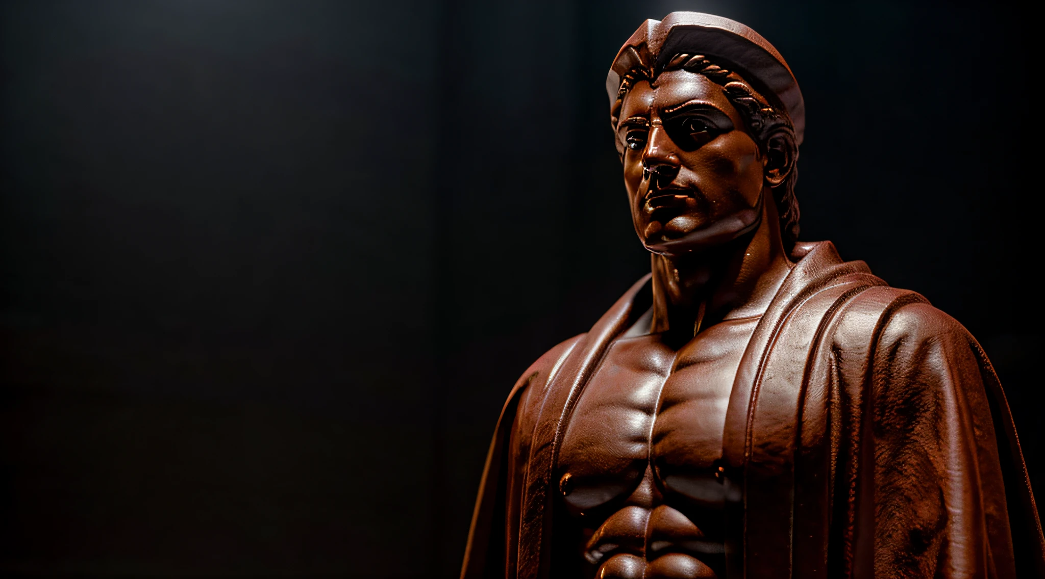 Jacked stoic statue, classic greek style, wearing a scarlet robe only, reflecting about life, neutral background, high contrast, full body length, cinematographic scene, photorealistic, super detailed, BEST QUALITY, 8K