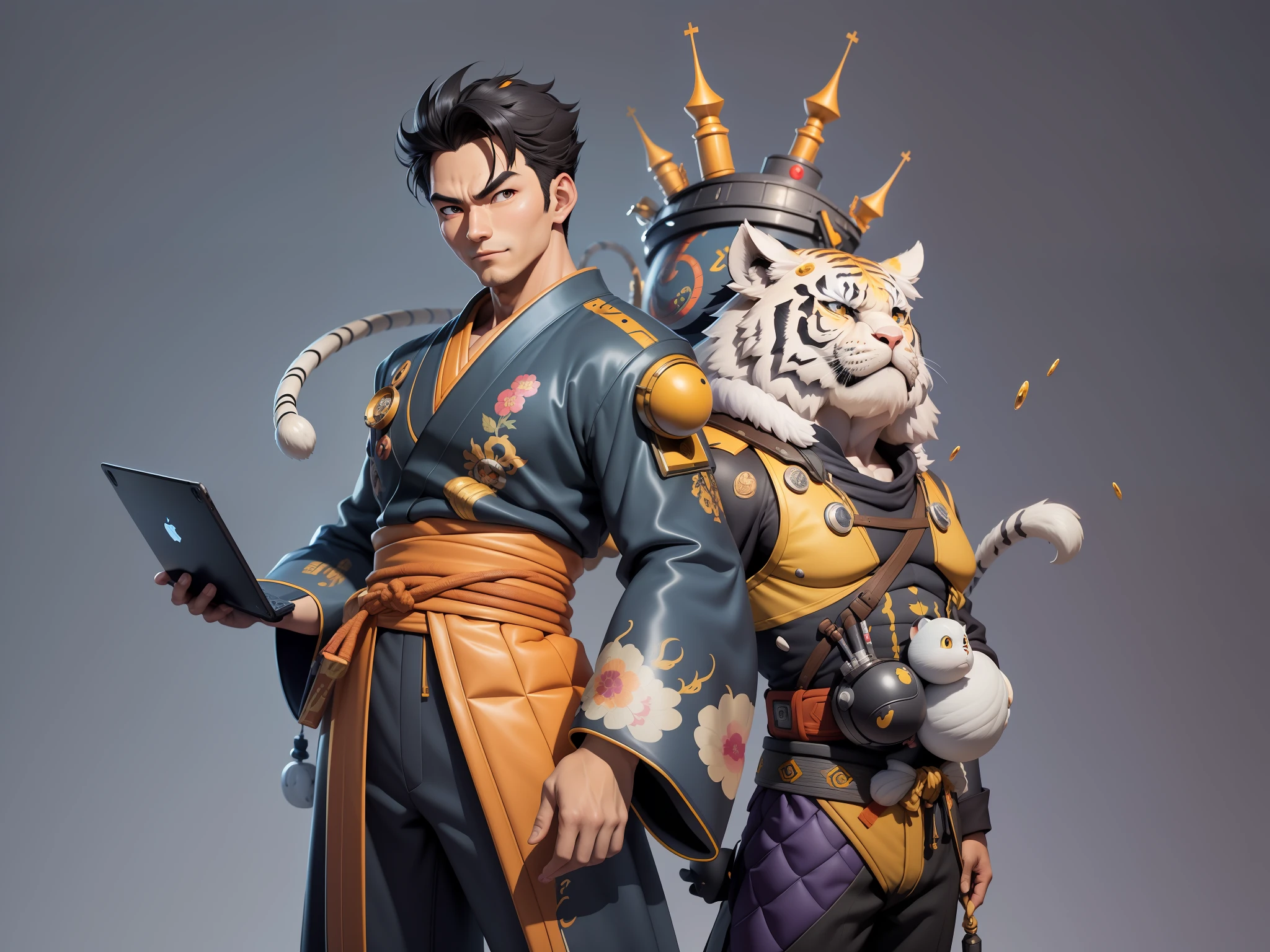 (Masterpiece), (Excellent), (Super Meticulous), (Full Body: 1.2), Super Young Man, Oriental Face, Japanese Kimono, Japanese Wind Thunder God, Dragon, Tiger, TV Anchor, Bust Portrait Illustration, Alone, Black Suit, Blue Tie, Slightly Chubby Face, Very Clean Face, No Beard, Black Super Short Hair, Black Eyes, Confident Smile, 3c Computer Sub-Products, iPad, iPhone, Digital Painting, 3D Character Design by Akira Toriyama and Mark Claireden and Pixar and Hayao Miyazaki, The illustration is a high-definition illustration in 4K resolution with very detailed facial features and cartoon-style visuals.
