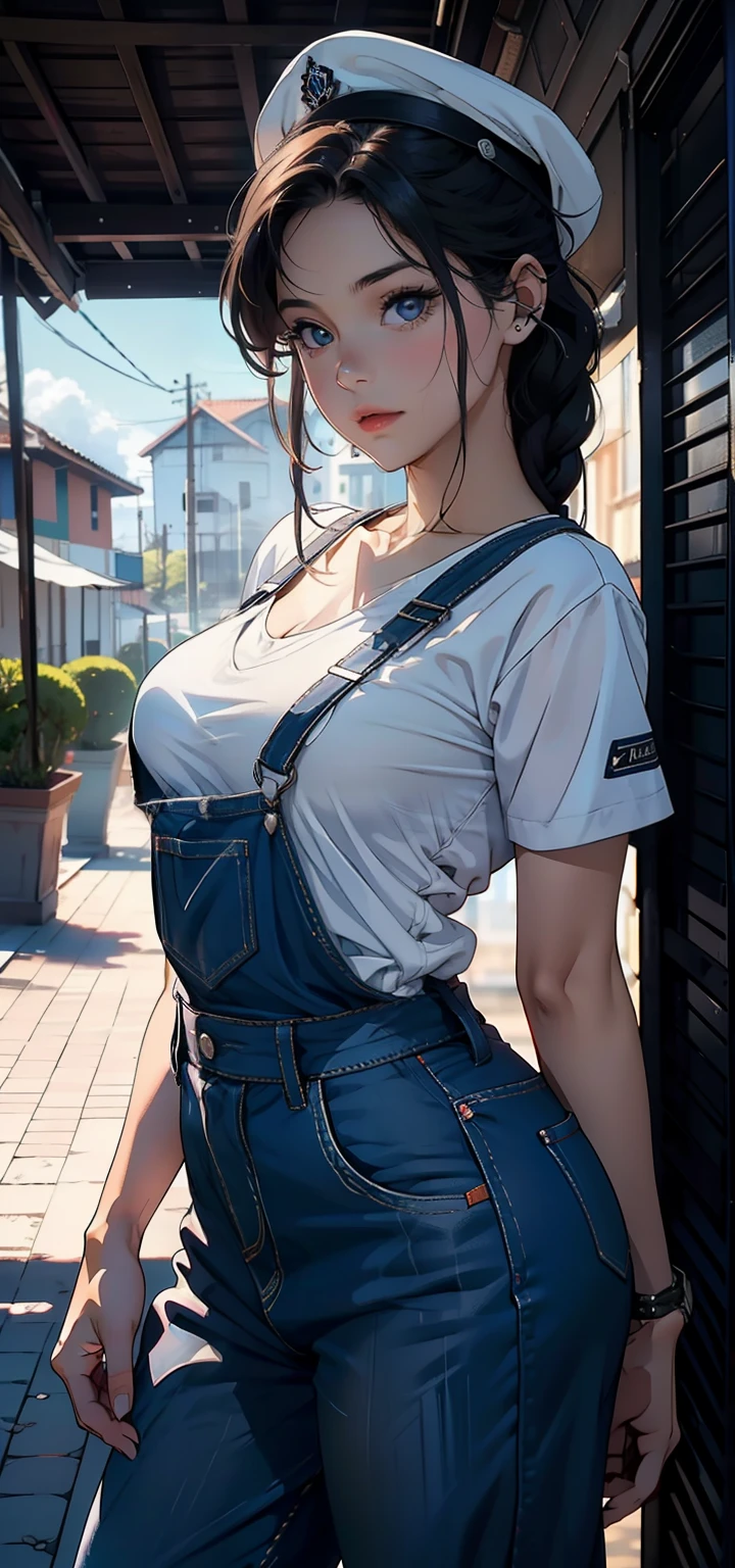 1girl, solo, (naked:1.3), overalls, large breasts, thighs, street background, smiling, (blushing:1.2), pov