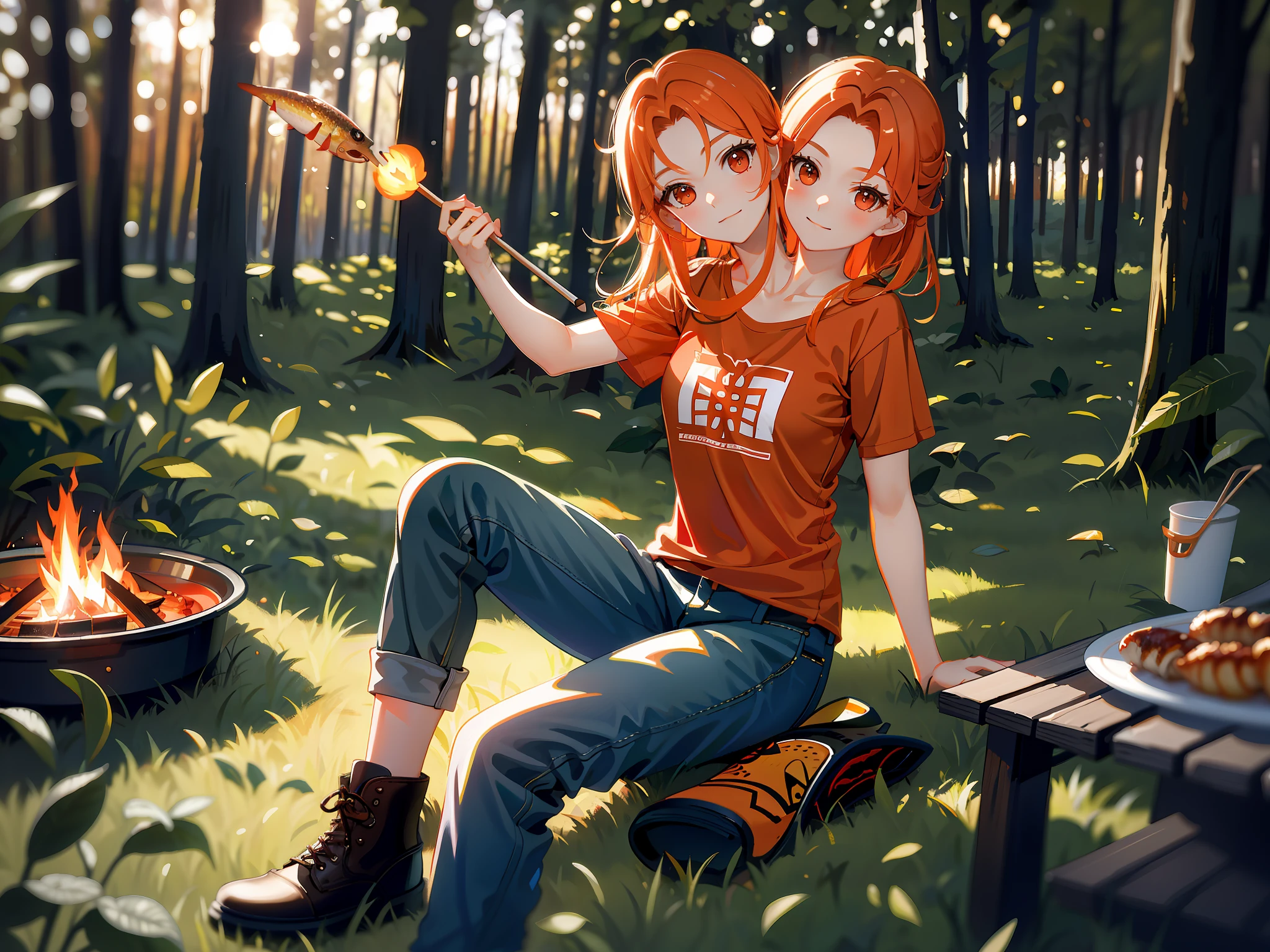 (masterpiece, best quality), best resolution, (2heads:1.5), 1girl, orange hair, brown eyes, t-shirt, long pants, hiking boots, holding roasted fish on a skewer, sitting around a campfire, forest campsite, evening