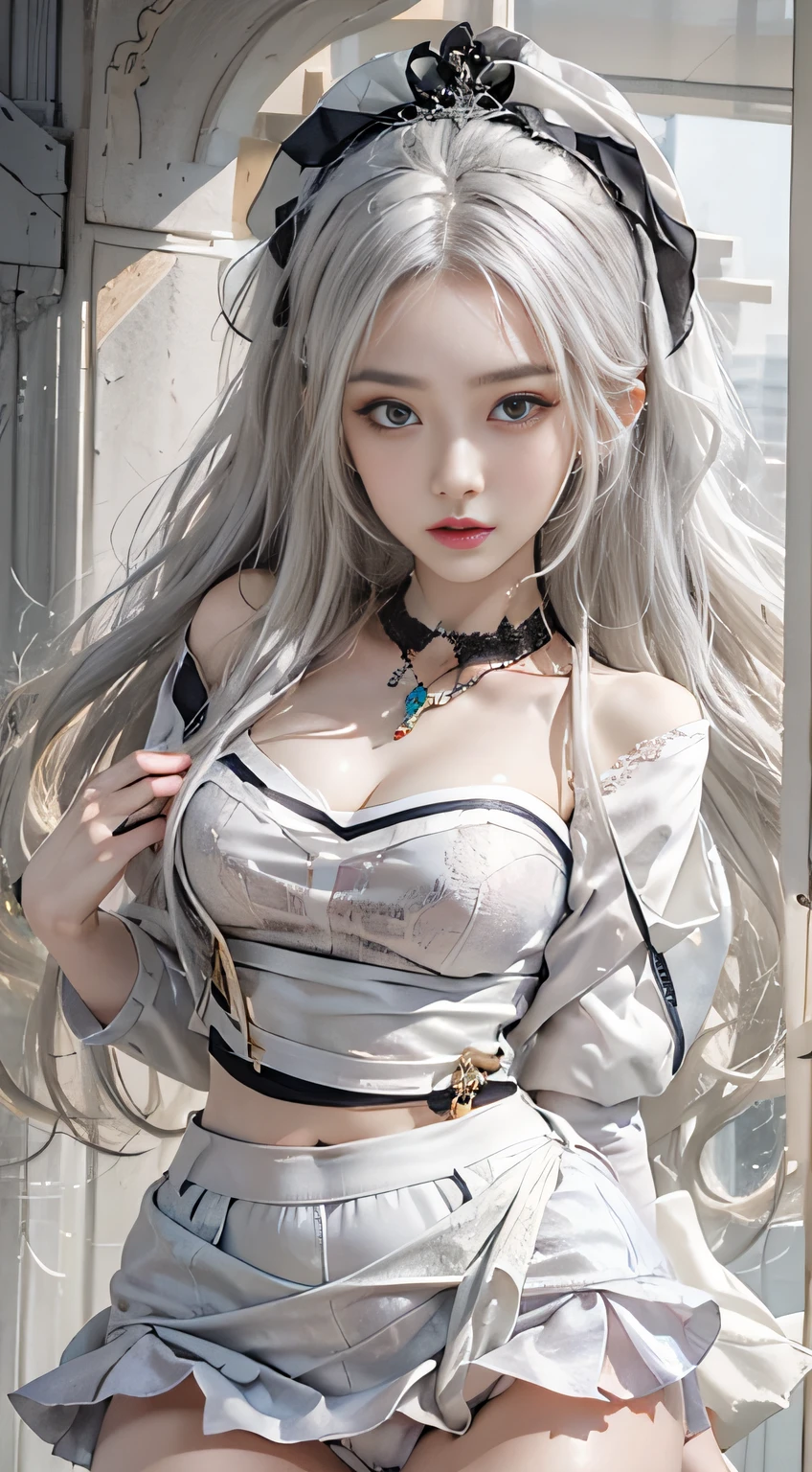 Photorealistic, High resolution, 1womanl, Solo, hips up high, view the viewer, (Detailed face), White hair, Long hair, maid clothes, Jewelry、a miniskirt、）（off shoulders）、Front opening、（up skirt）、（Lace panties）