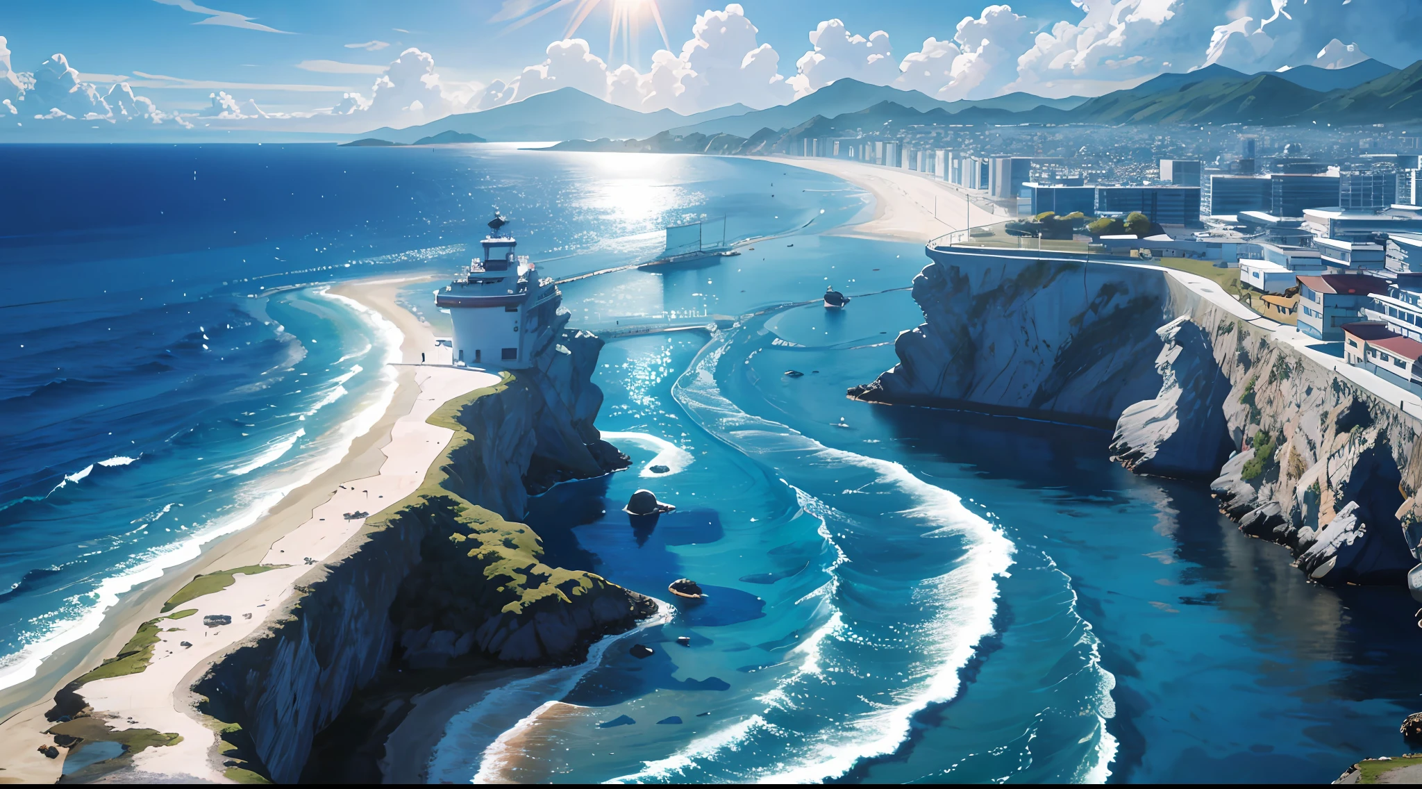 scenecy, tmasterpiece, best qualtiy, 8k, sea surface, 夏天, mid day, rays of sunshine, blue-sky, A high resolution, finedetail