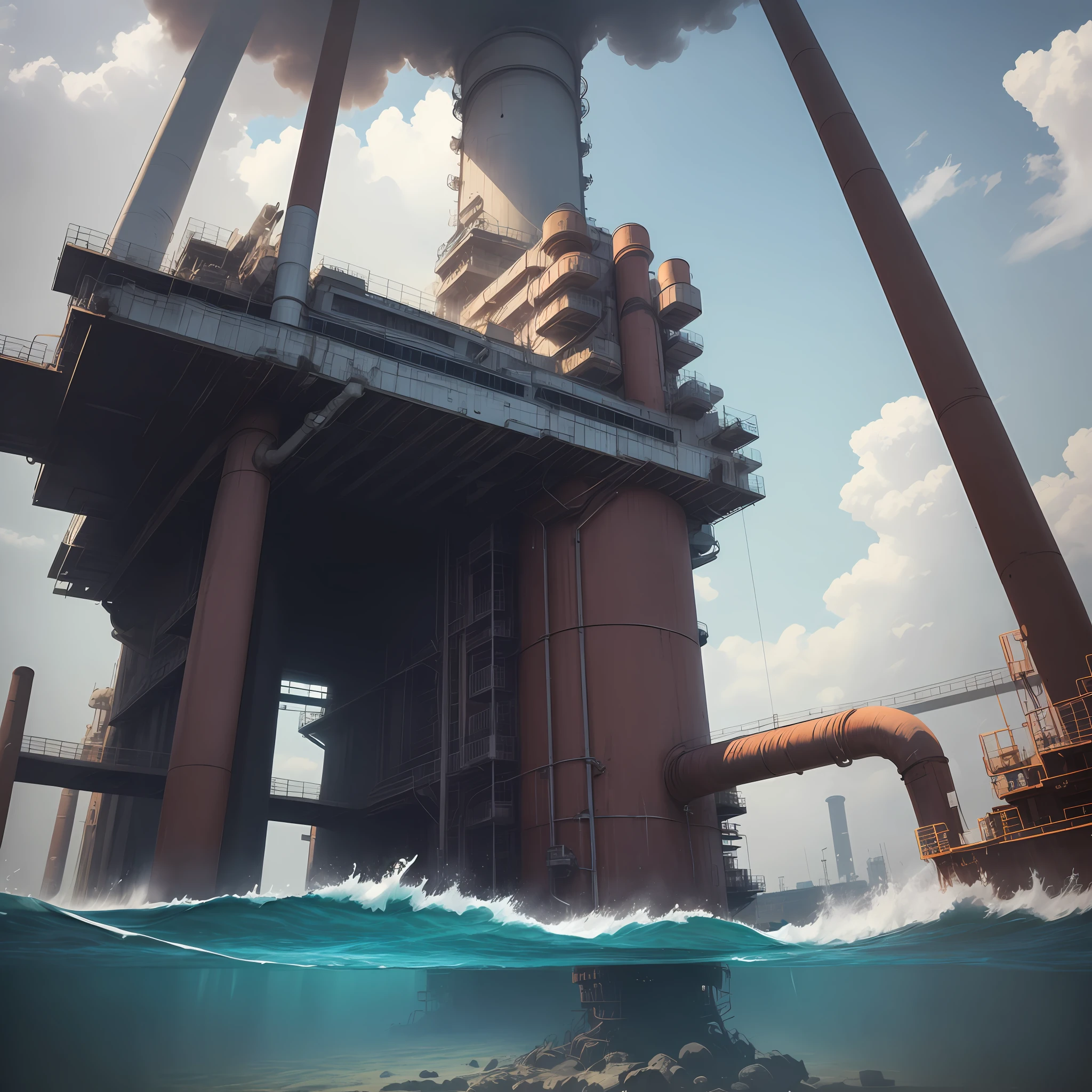 tmasterpiece,HighestQuali,Super A resolution,Best contrast,best detail,Anime style,2.2D,Eschatological,Repressive atmosphere,Islands in the distance,Huge complex,nuclear power plant, Black smoke rose from the chimney,Huge pipes were laid on the ground,A pipe protrudes from a huge building parallel to the ground,Stretch below the surface of the sea,Polluted seawater,Fish and shrimp died,Floating on the surface of the sea,The sea water is polluted