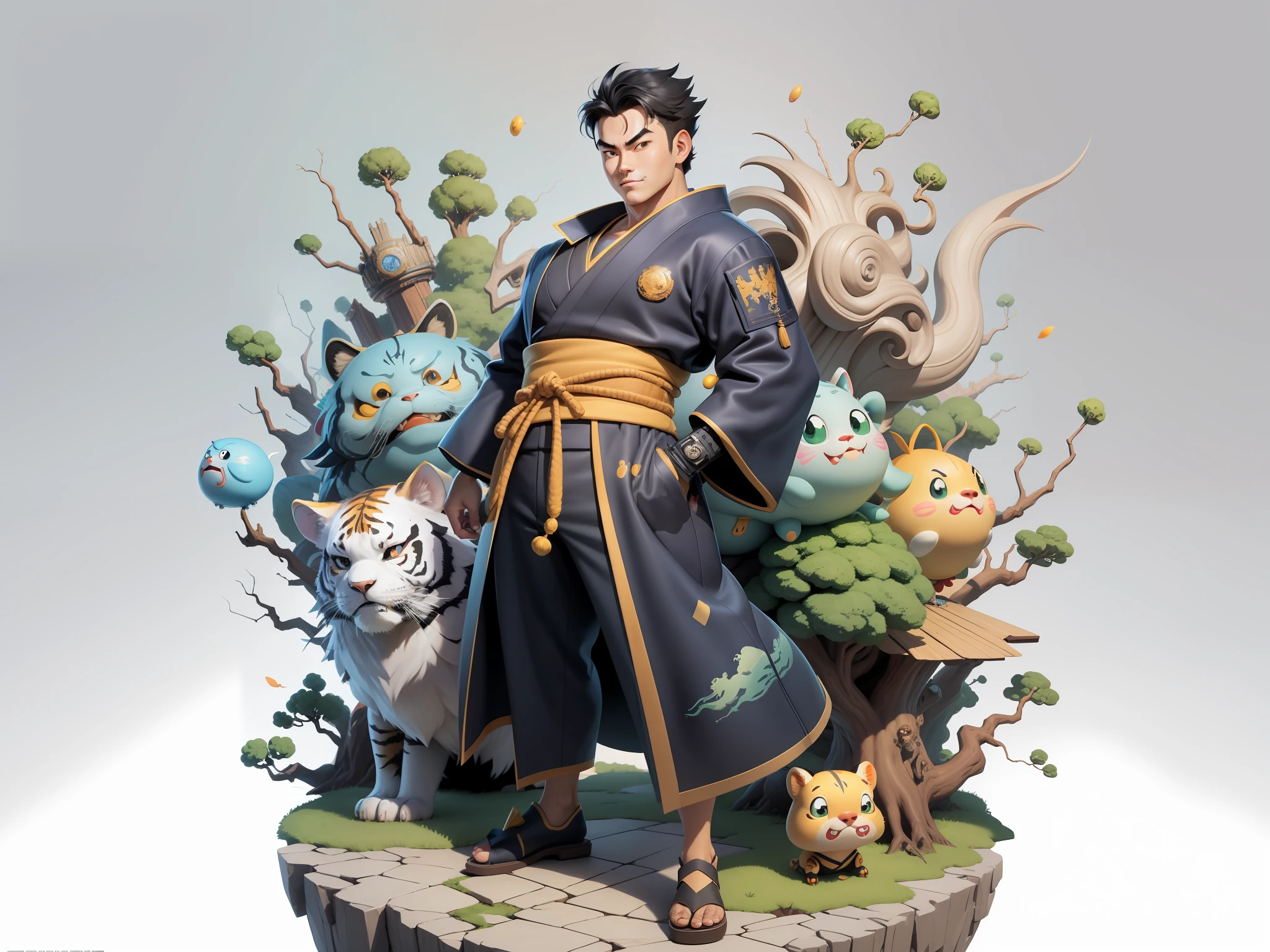 (Masterpiece), (Excellent), (Super Meticulous), (Full Body: 1.2), Super Young Man, Oriental Face, Japanese Kimono, Japanese Wind Thunder God, Dragon, Tiger, TV Anchor, Bust Portrait Illustration, Alone, Black Suit, Blue Tie, Slightly Chubby Face, Very Clean Face, No Beard, Black Super Short Hair, Black Eyes, Confident Smile, 3c Computer Sub-Products, iPad, iPhone, Digital Painting, 3D Character Design by Akira Toriyama and Mark Claireden and Pixar and Hayao Miyazaki, The illustration is a high-definition illustration in 4K resolution with very detailed facial features and cartoon-style visuals.