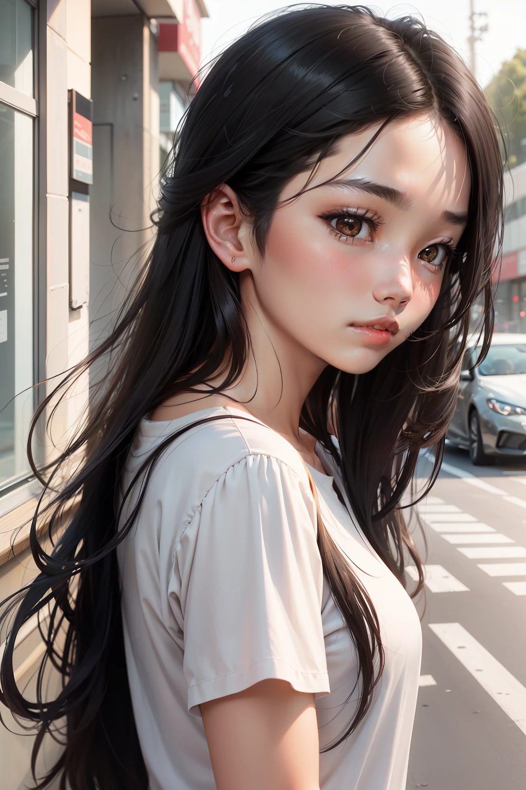 Portrait of a 19-year-old Asian girl, Loose black hair, Dark brown eyes, She blushed, Flowing hair, Simple clothes, 21st century, Refreshing and clean